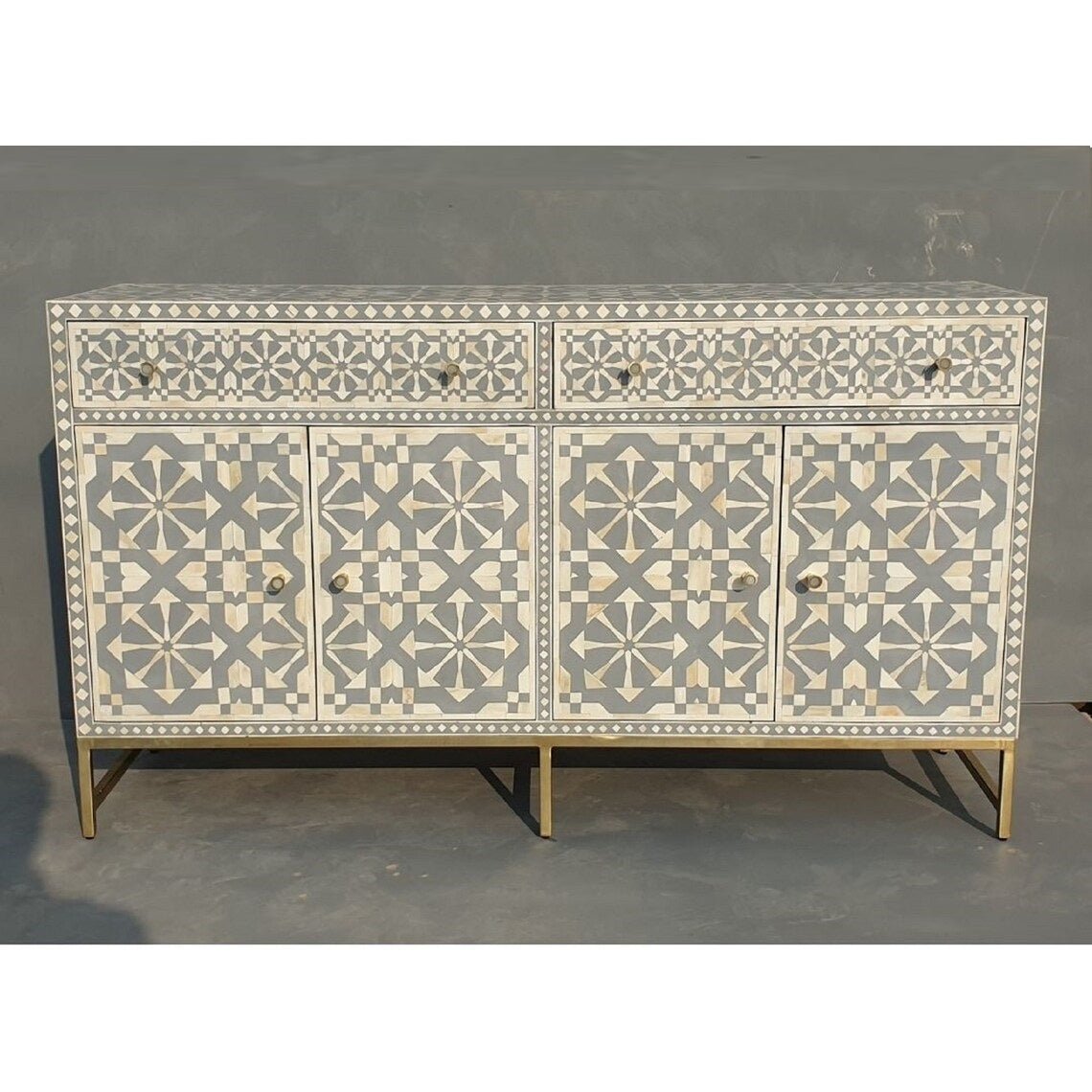 Handmade Bone Inlay Gray and White Sideboard Buffet Table - Vintage Boho Chic Storage Cabinet for Dining Room, Living Room & Entryway