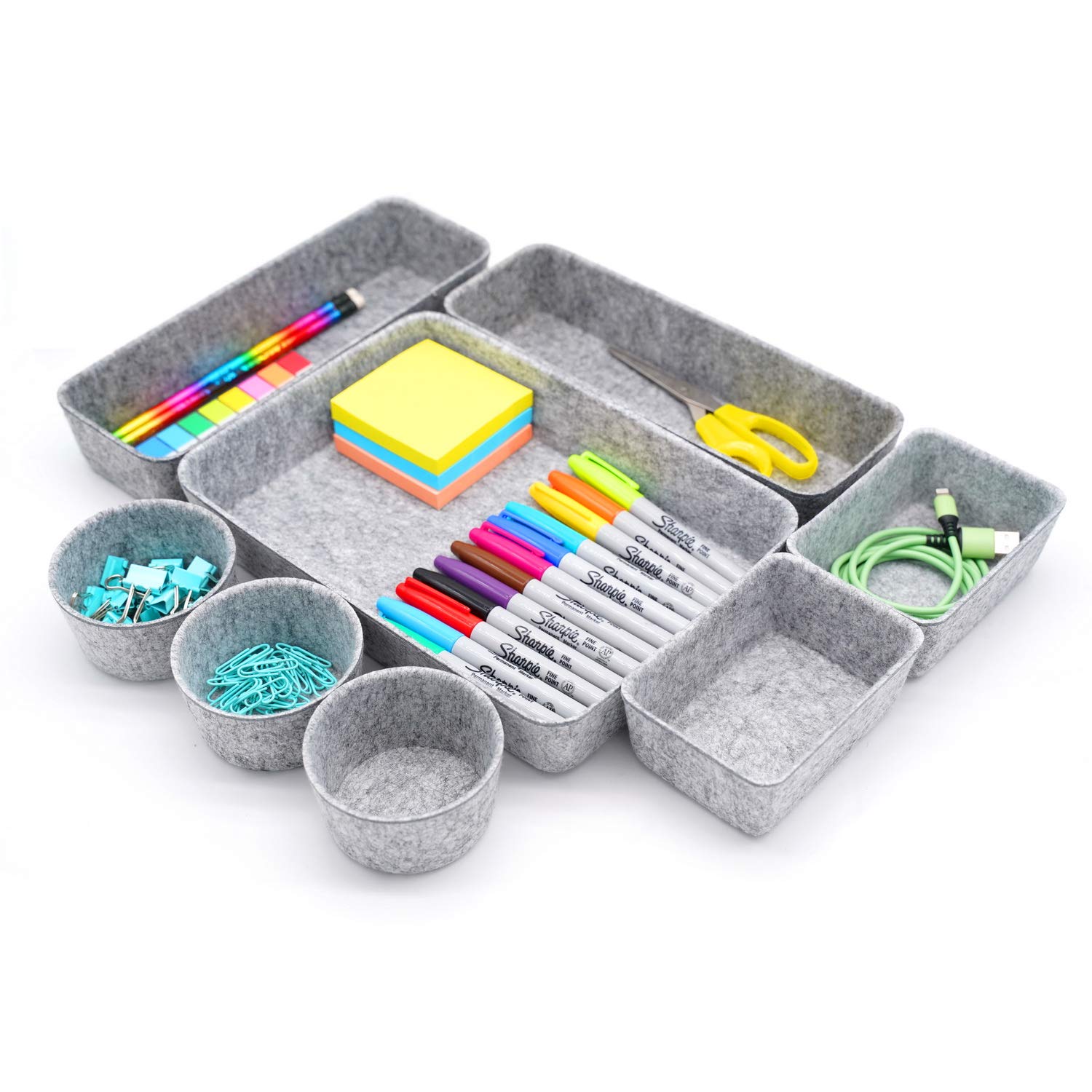 Welaxy 8-Piece Gray Felt Desk Drawer Organizer Trays - Shallow Dividers for Office Supplies, Jewelry, Watches - Multi-Purpose Storage Solution for Home & Office Organization
