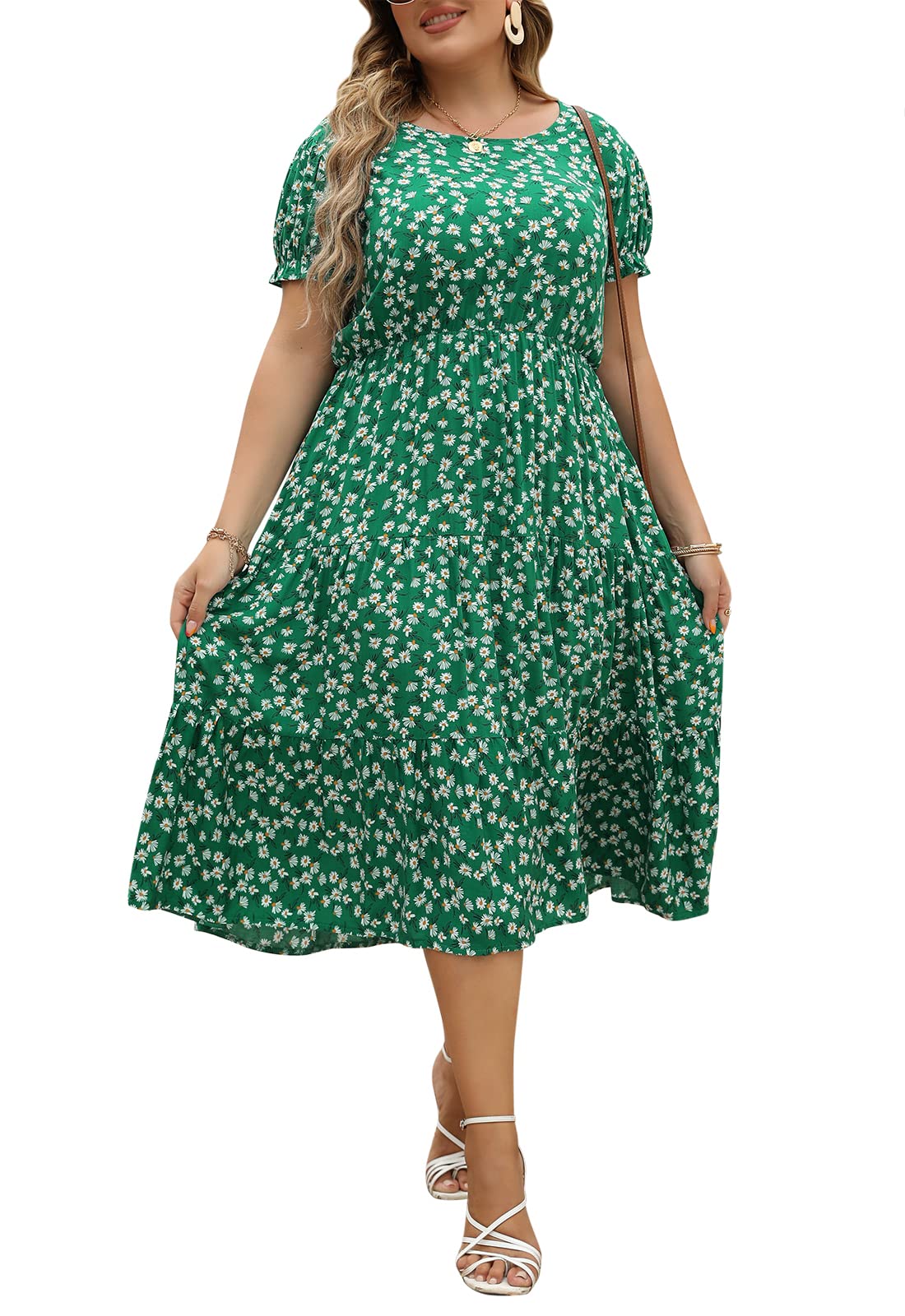 **Celkuser Women's Plus Size Puff Sleeve Tiered Floral Print Vintage Casual Midi Dress with Pockets - Perfect for Spring, Summer, Wedding Guest & Vacation Outfits**