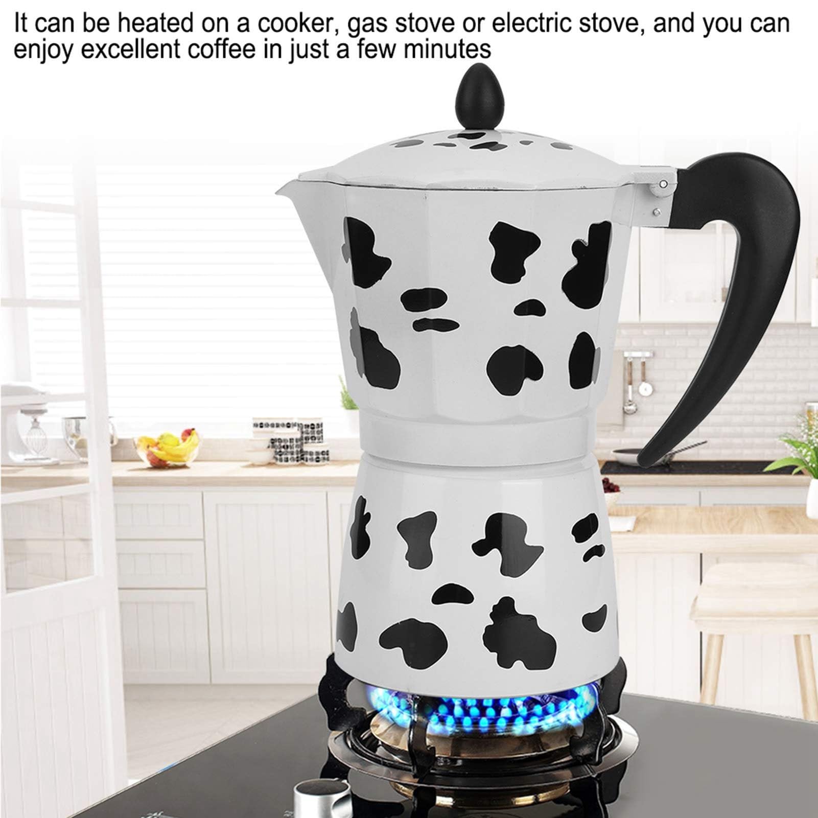 Fockety Stovetop Espresso Maker - 6 Cup Aluminum Moka Pot with Cow Print Design, Portable Italian Coffee Maker for Home, Cafe, Camping & Travel - Perfect for Outdoor Adventures and Italian-Style Coffee Brewing