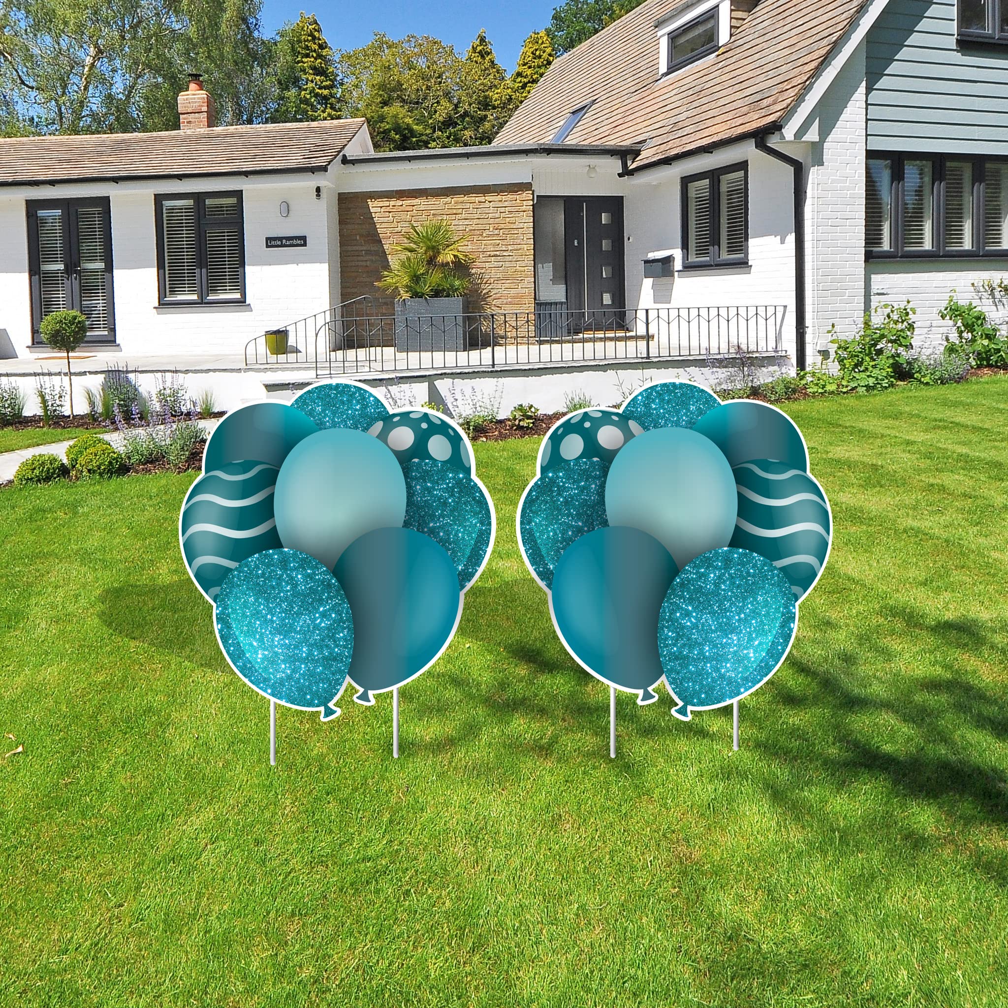 23.5 Inch Teal Balloon Bouquets Yard Decor Set - 2 Mirrored Birthday Balloon Signs with Stakes & EZ Filler | Outdoor Party Decorations for Birthday Celebrations, Graduations & Special Events