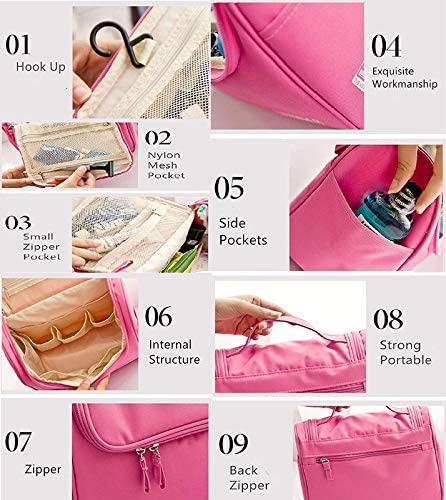 FEXMY Large Travel Makeup Bag with Hook - Waterproof Cosmetic Organizer Pouch for Women, Pink Grooming Kit for Toiletries & Beauty Essentials | Perfect for Travel, Gym, and Daily Use