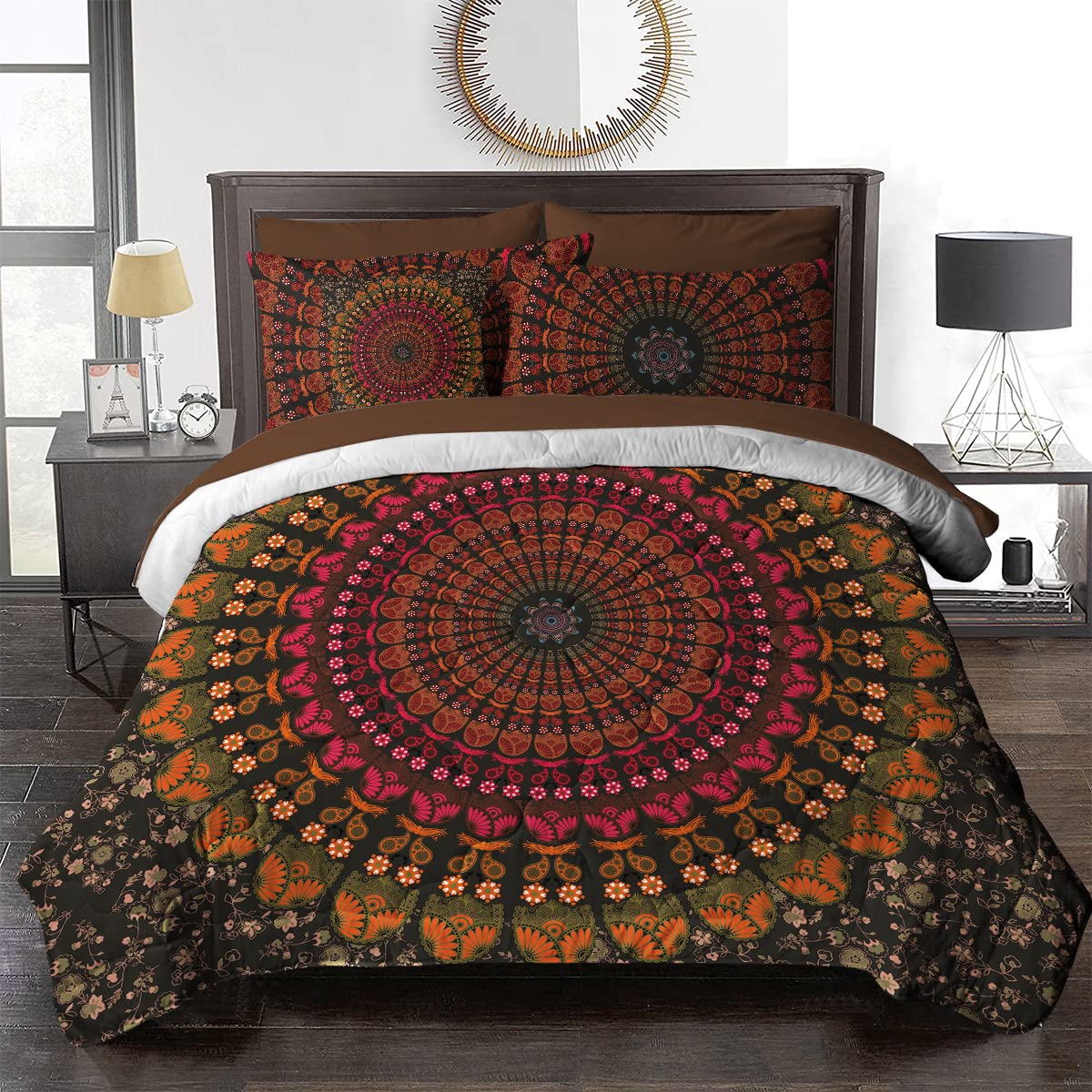 BlessLiving 8-Piece Bohemian Mandala Comforter Set - King Size Bed-in-A-Bag with Comforter, Sheets & Pillow Shams - Red Boho Hippie Bedding for Cozy Bedroom Decor & Guest Room Styling