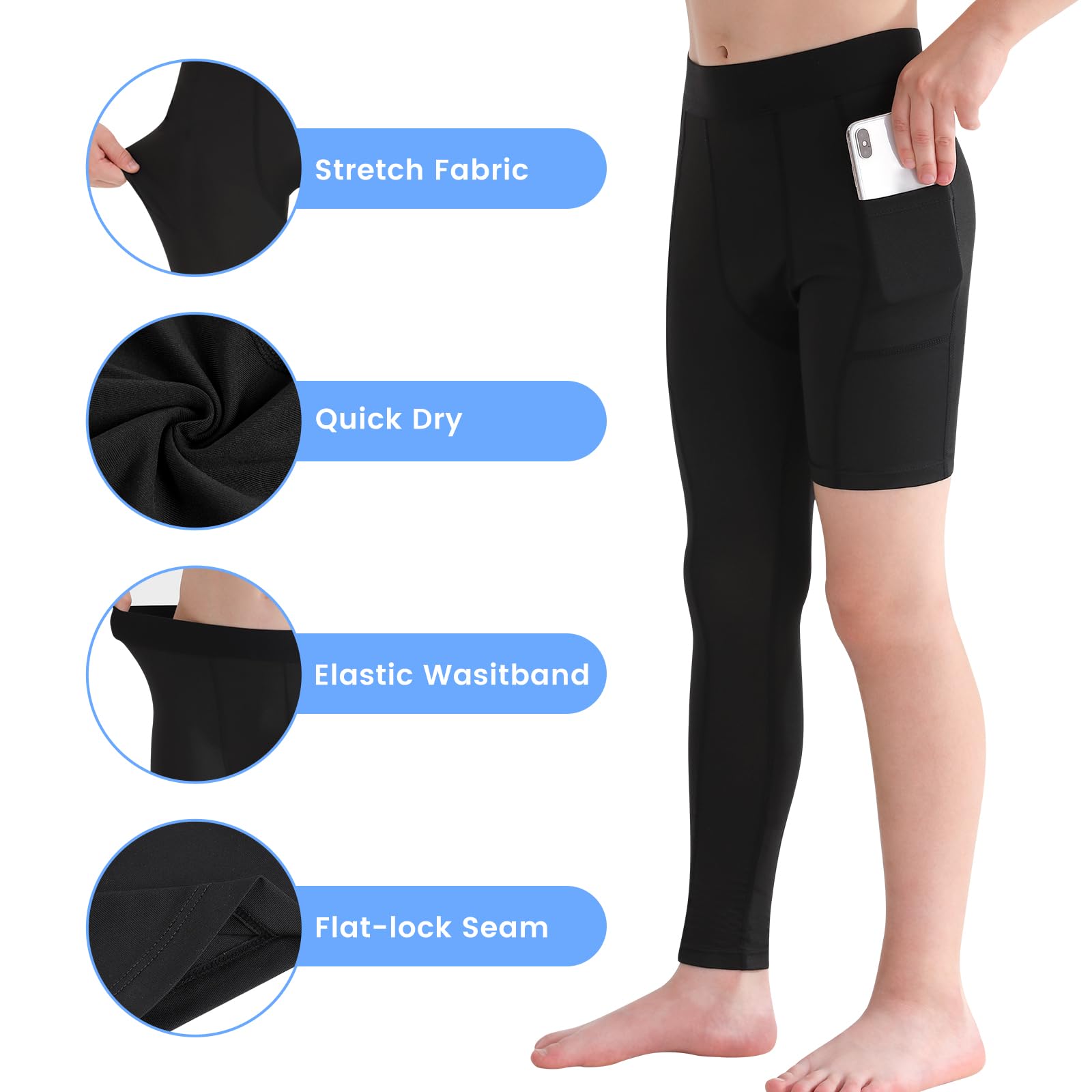 Youth Boys' One-Leg Compression Pants for Basketball - Full Length Sports Leggings & Athletic Tights - Kids' Soccer Base Layer for Training, Running & Gym Workouts