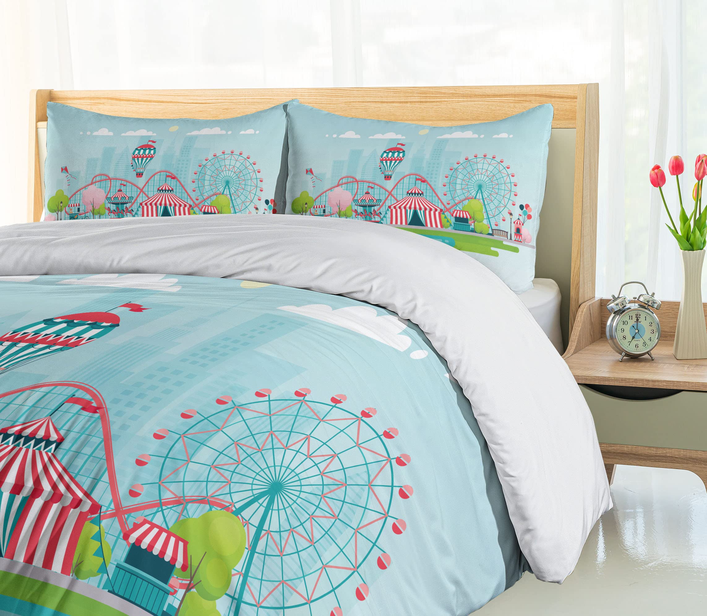 Ambesonne Ferris Wheel Duvet Cover Set - Vibrant Circus Theme with Tents, Balloons & Rollercoaster - 3 Piece Queen Size Bedding Set with 2 Pillow Shams - Perfect for Kids' Rooms, Themed Bedrooms & Circus Lovers