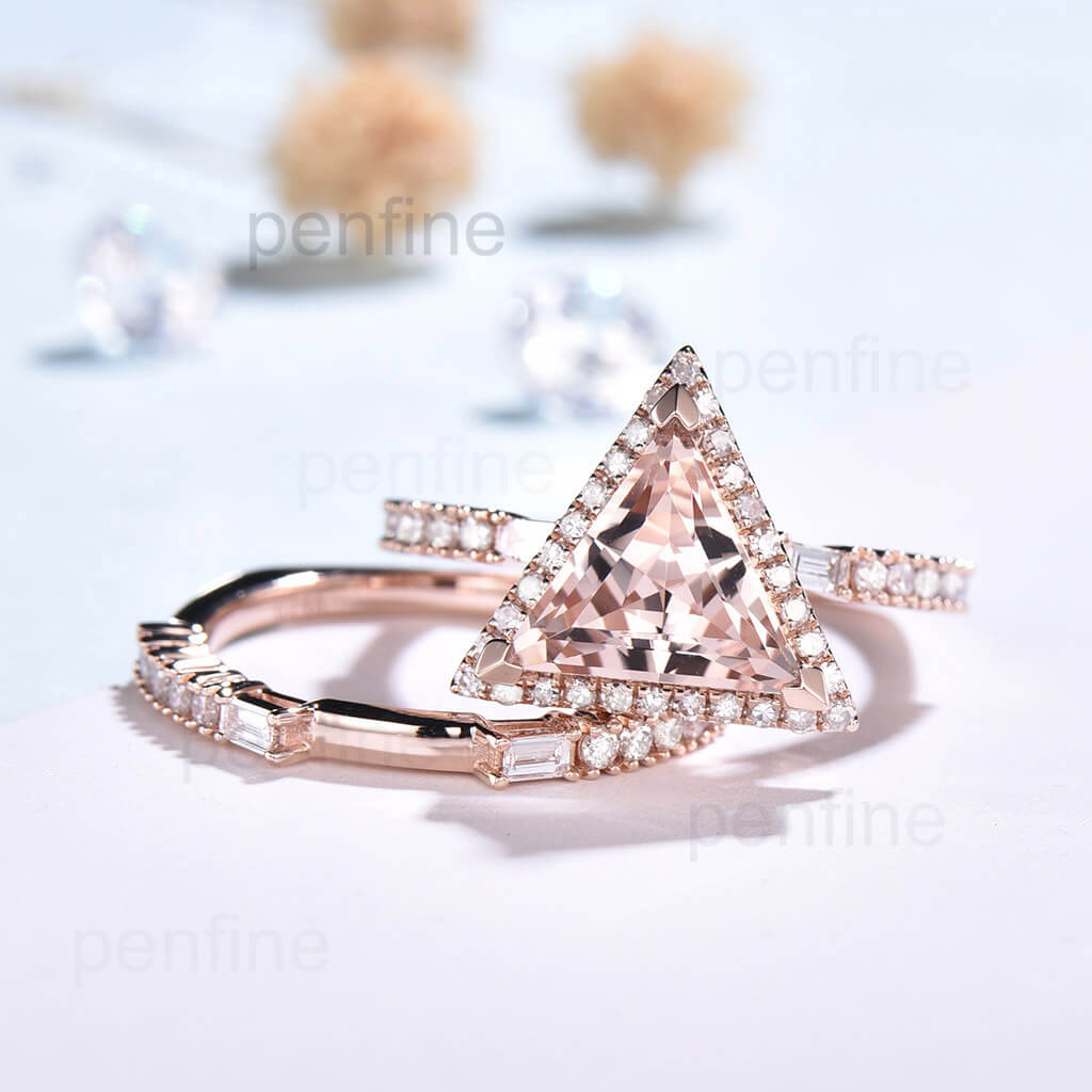 9mm Trillion Cut Morganite & Diamond Wedding Ring Set - 2 Piece Bridal Set for Engagement, Anniversary & Special Occasions
