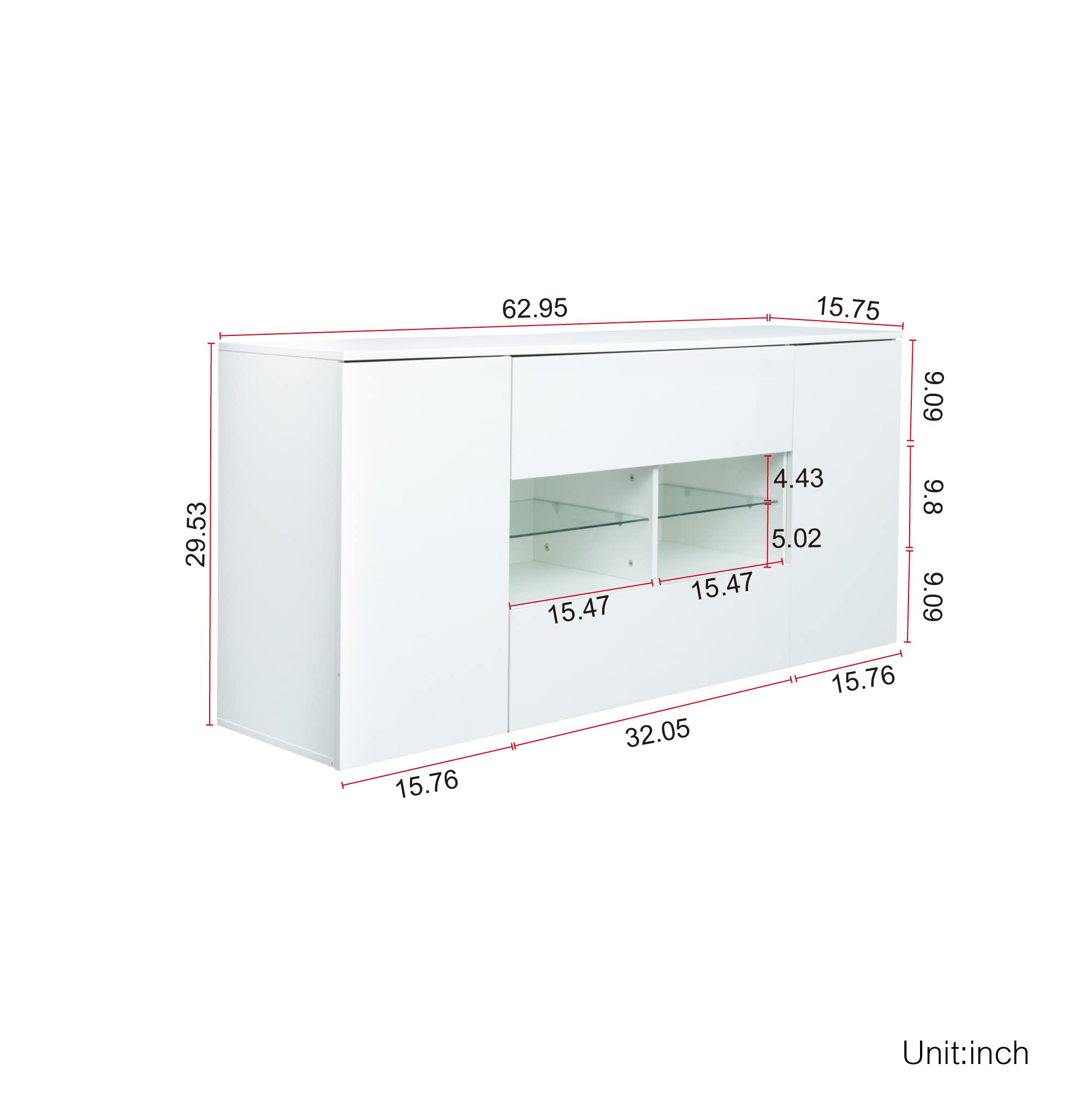 Modern LED Buffet Cabinet with Storage - High Gloss White Kitchen Sideboard, Wooden Bar Cabinet for Living Room, Dining Room & Hallway - Perfect for Entertaining, Displaying China & Organizing Home Decor