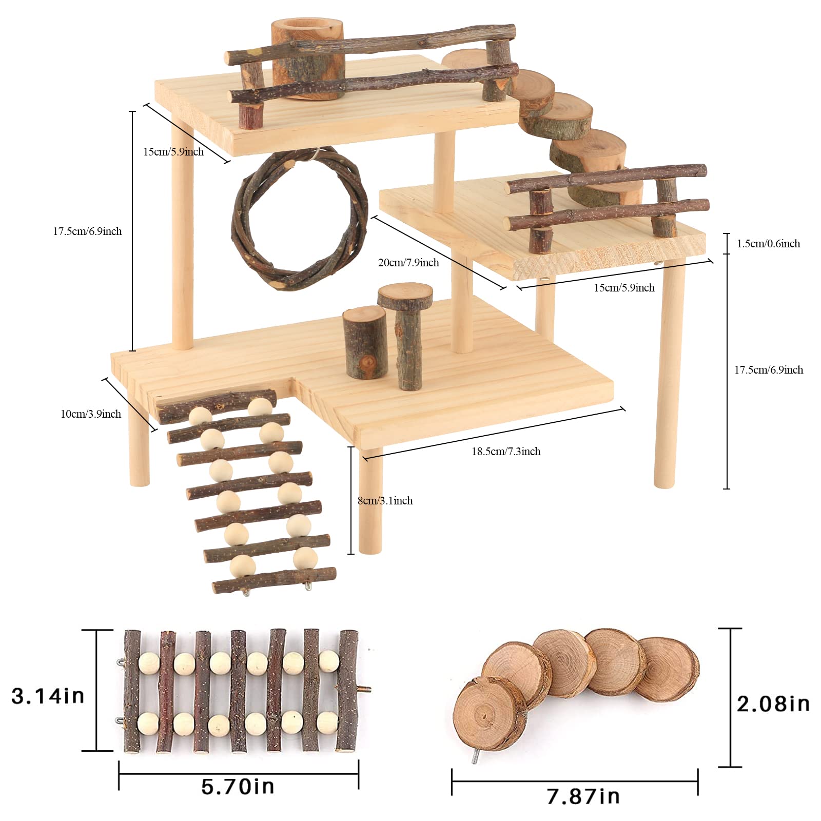 HOSUKKO 3-Tier Extra Large Hamster Climbing Toys - Natural Wooden Small Animal Playground with Bridge for Dwarf Hamsters, Mice & Gerbils - Perfect for Exercise, Exploration & Cage Enrichment (Great Gift for Pet Lovers)