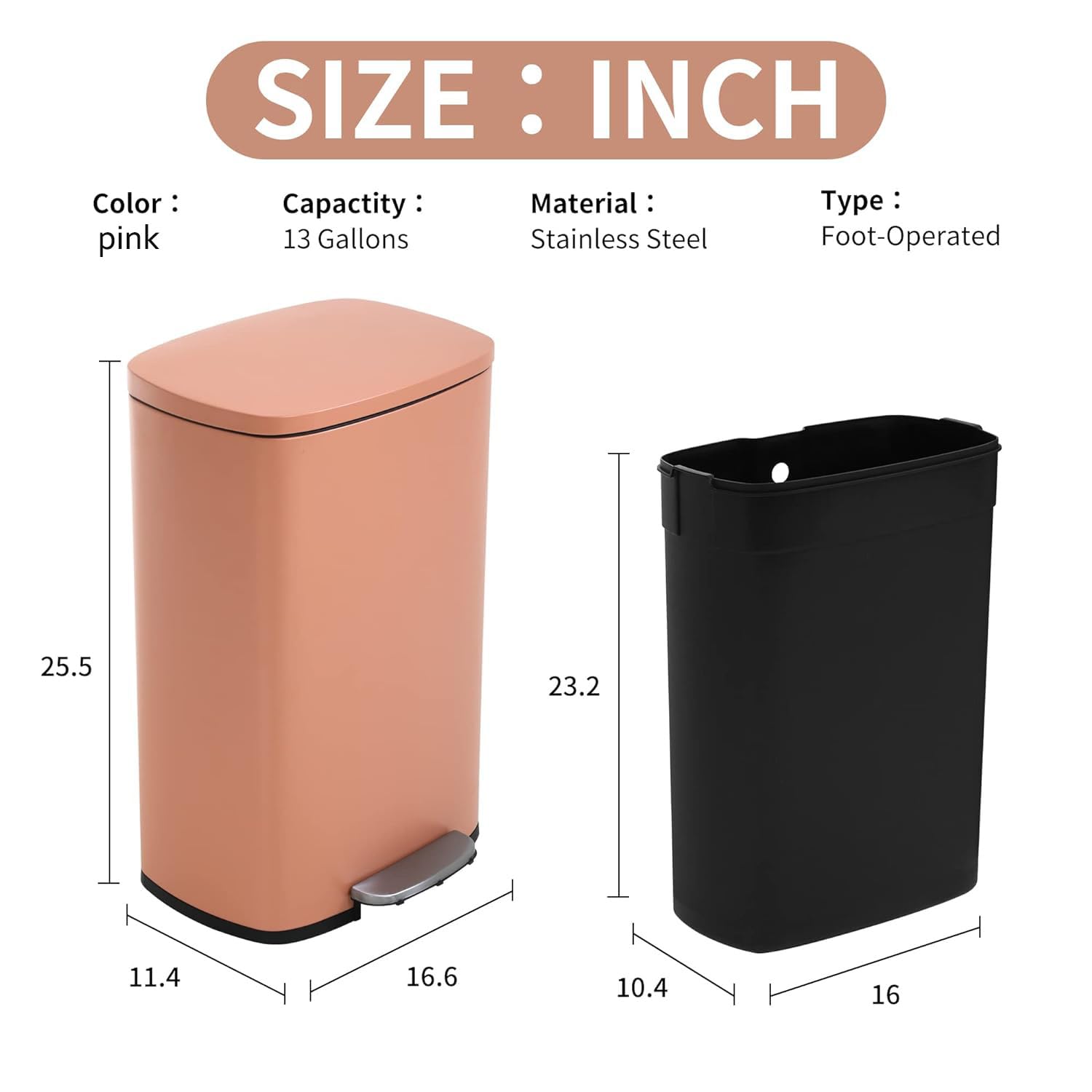 BLKMTY 13 Gallon Stainless Steel Step Trash Can with Lid & Inner Bucket - Odor-Proof Kitchen Garbage Bin, Pedal-Operated Office Waste Basket (Pink) | Perfect for Kitchens, Bathrooms & Home Offices