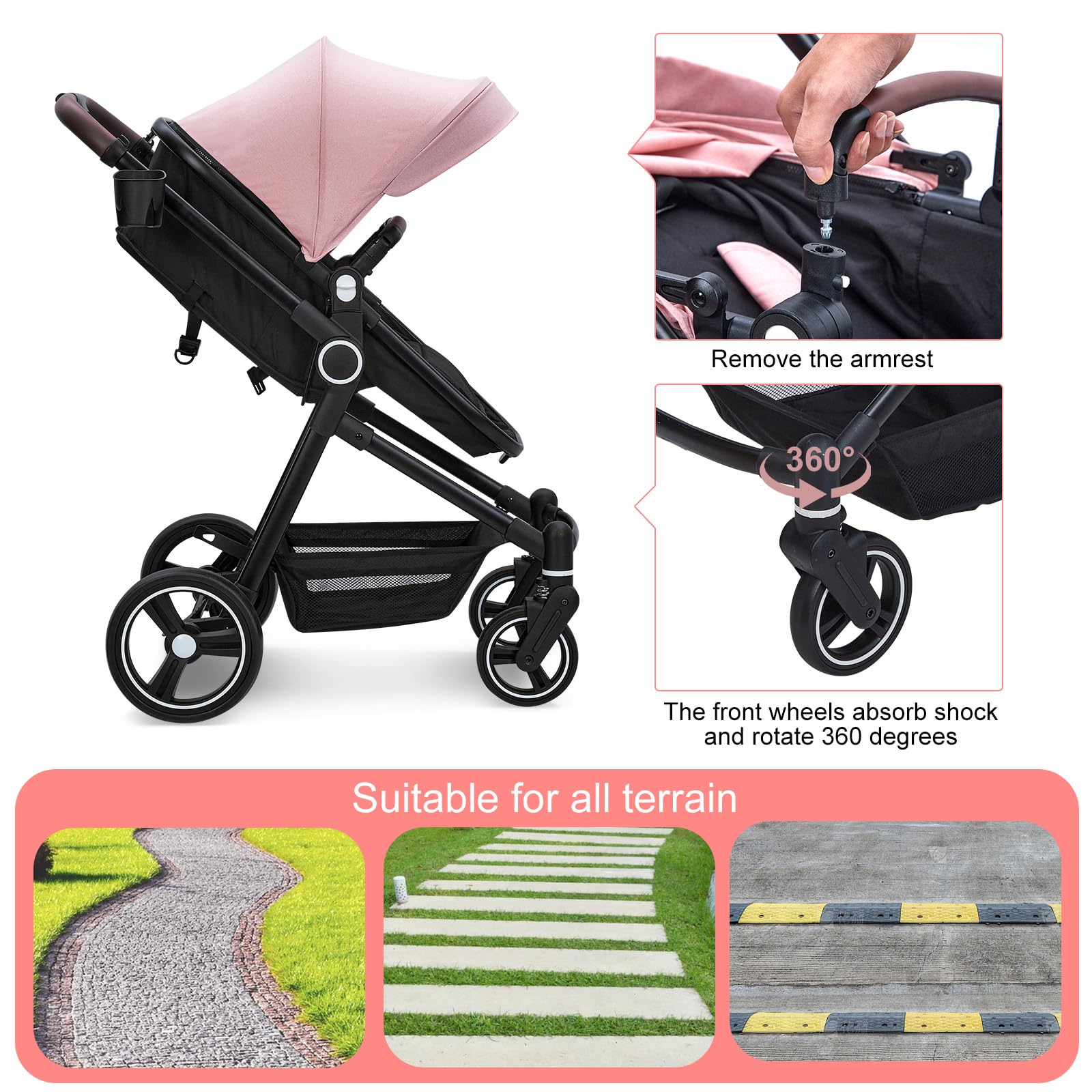 2 in 1 Baby Stroller for Newborn to Toddler (0-3 Years) - Convertible Bassinet Stroller with Large Storage Basket, Shock Absorption & Removable Seat - Includes Cup Holder - Perfect for Walks, Shopping & Travel