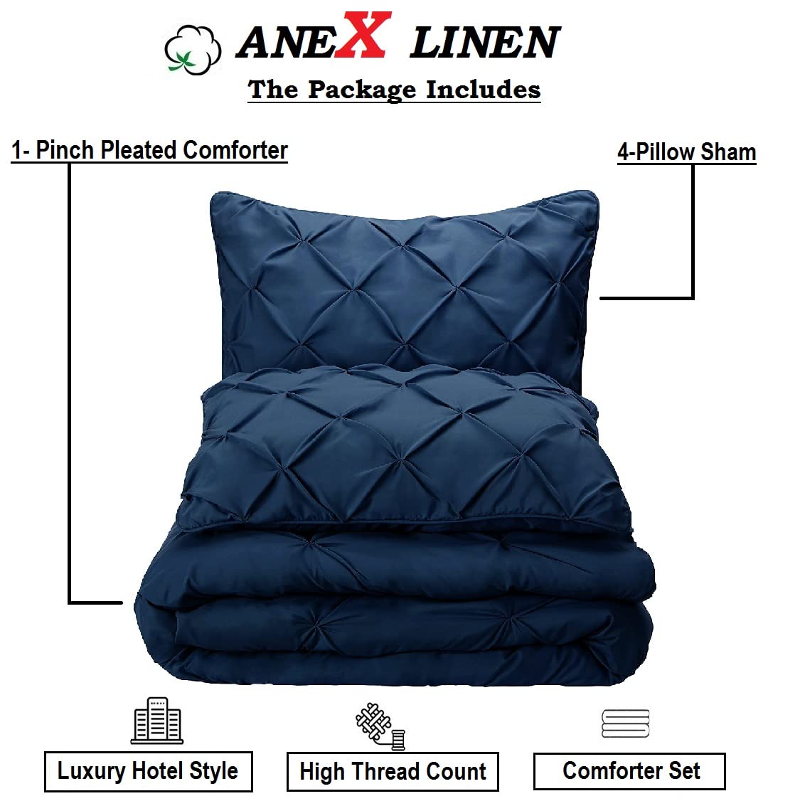 5-Piece Premium 500 GSM Pinch Pleated Comforter Set with Corner Tabs - 100% Egyptian Cotton Baffle Pintuck Design - All-Season Goose Down Filling - White Twin/Twin XL Size Includes 4 Pillow Shams - Perfect for Master Bedrooms, Guest Rooms & Luxury Hotel Styling