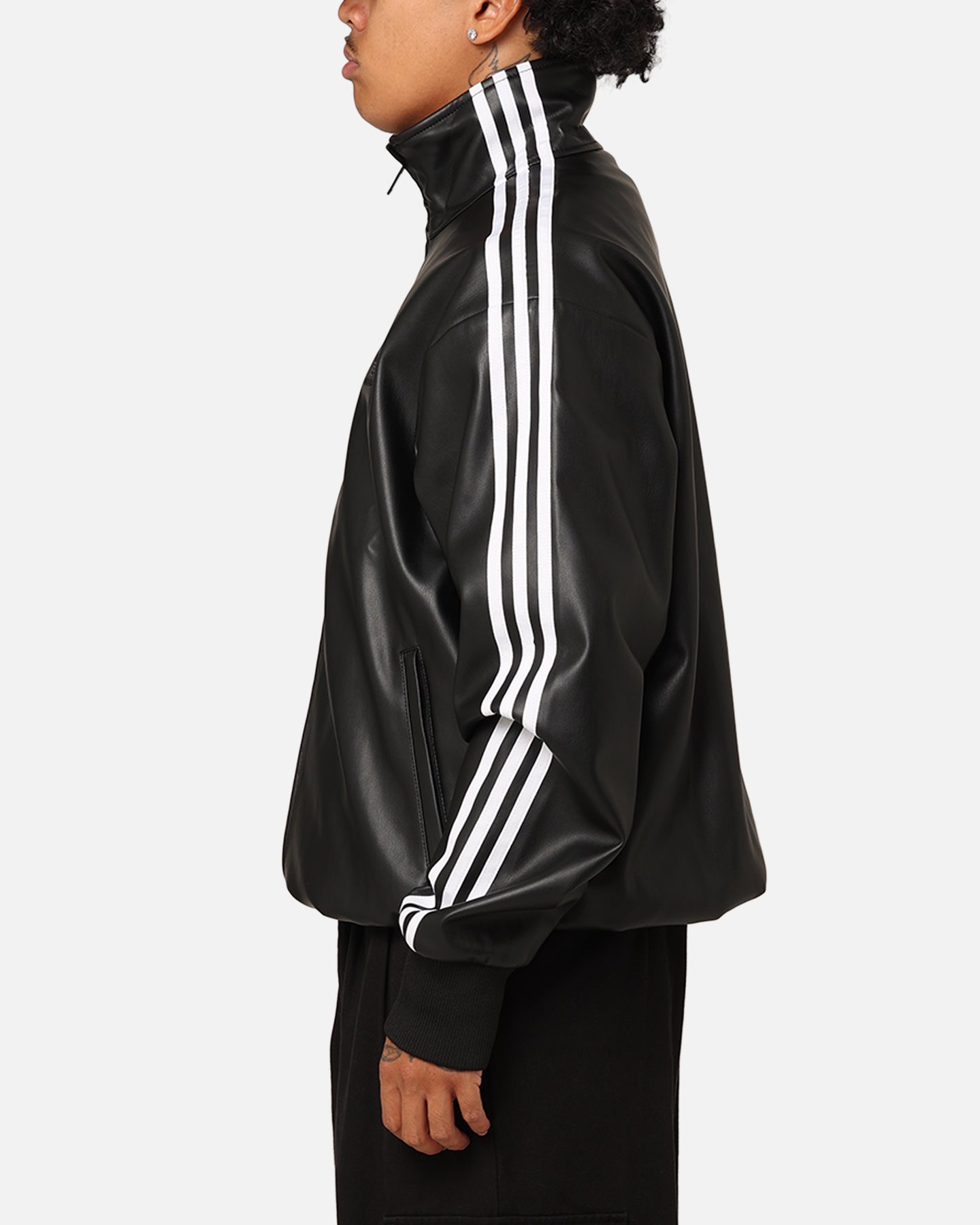 Adidas Faux Leather Adicolor 3-Stripes Firebird Track Jacket for Men & Women - Black Loose Fit Tracksuit Top for Running, Gym & Streetwear Fashion