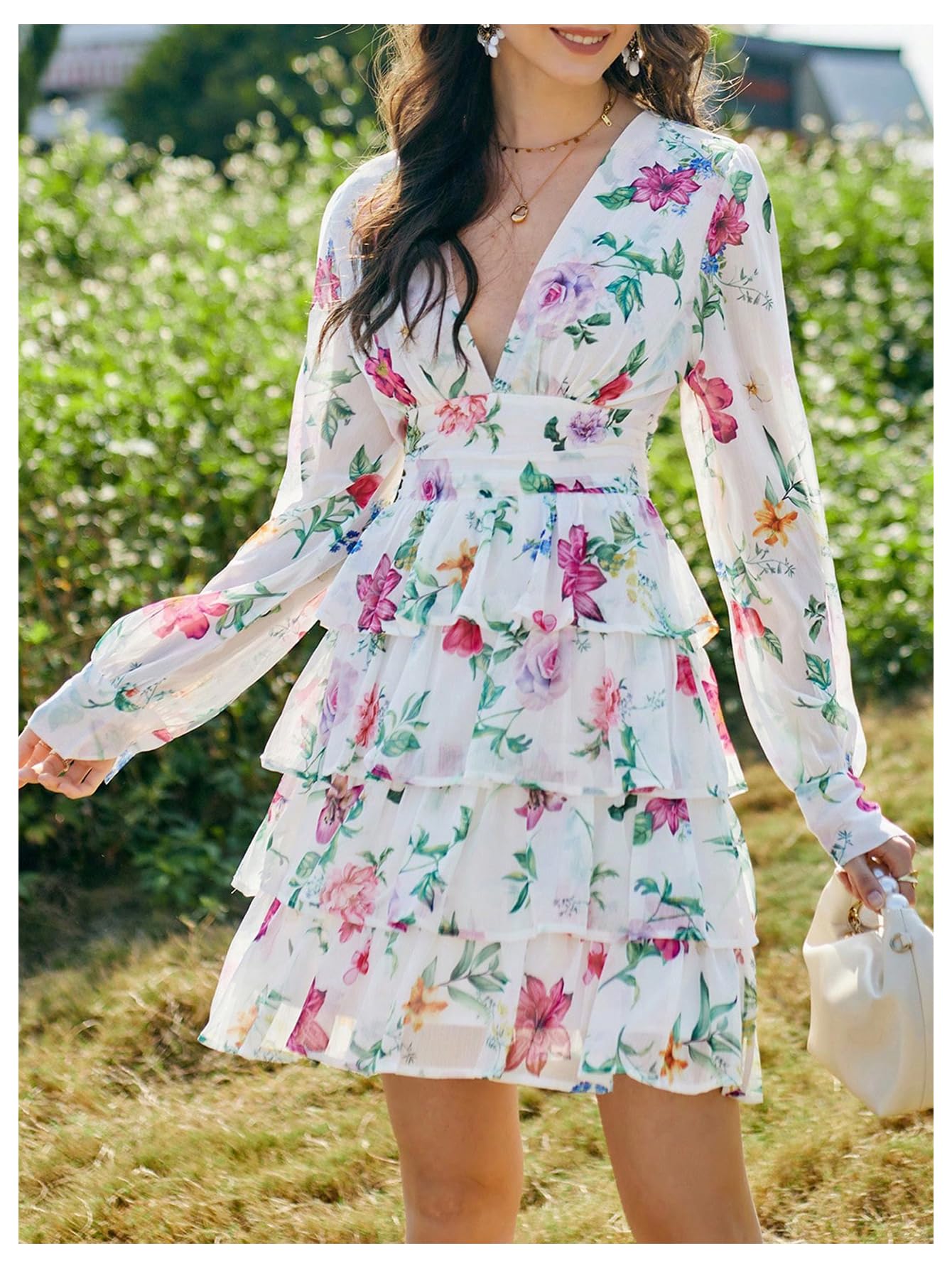 Women's Floral Print V-Neck Summer Dress - Tiered A-Line Ruffle Mini Dress for Casual Outings, Beach Vacations & Date Nights