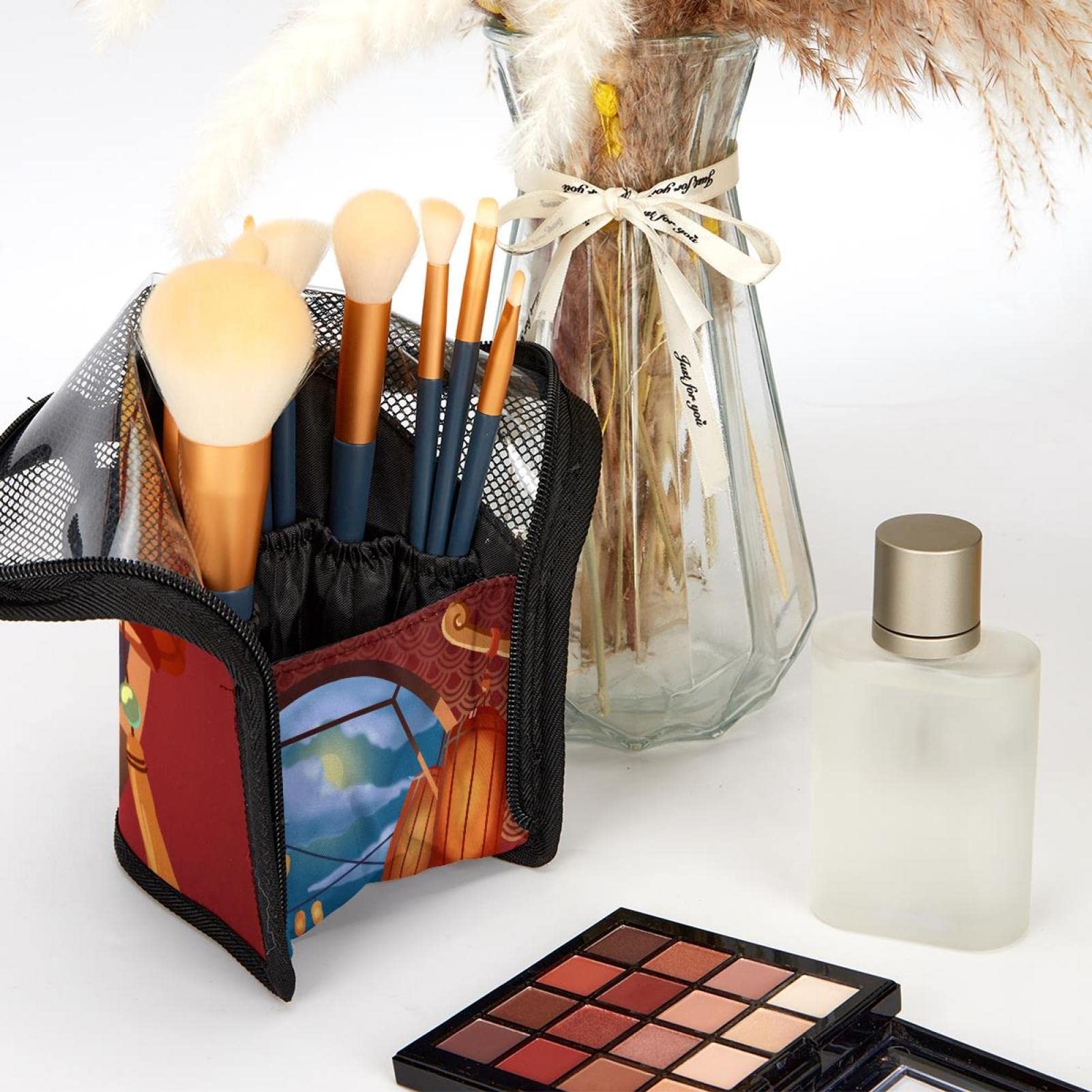 12-Piece Makeup Brush Organizer Bag Set with Traditional Lantern Design - Portable Cosmetic Brush Holder Case for Travel, Home Vanity & Professional Makeup Artists