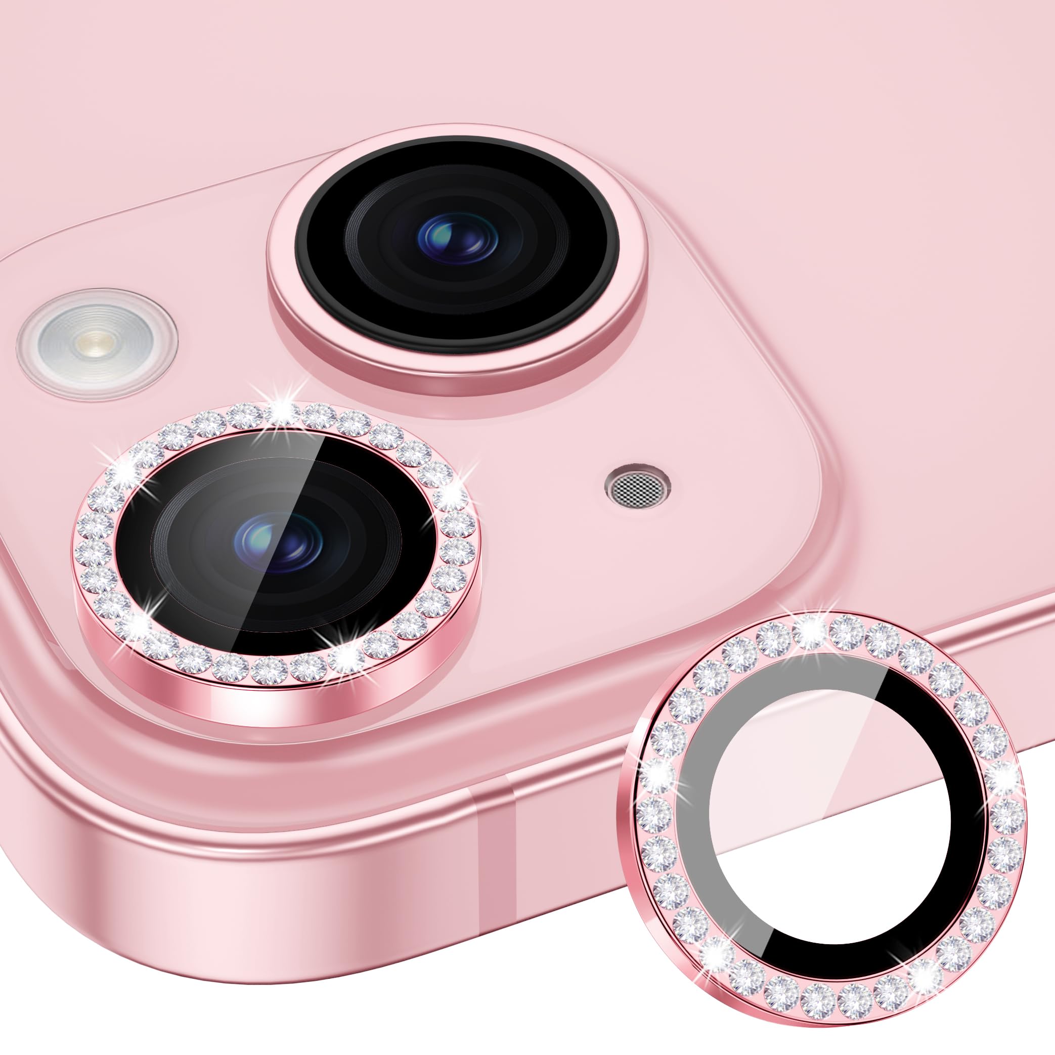 Xfilm iPhone 15/15 Plus Camera Lens Protector - 9H Hardness Scratchproof Metal Diamond Ring Cover | Stylish Bling Accessory | Case Friendly (Pink Diamond) | Perfect for Daily Use, Travel & Photography Protection