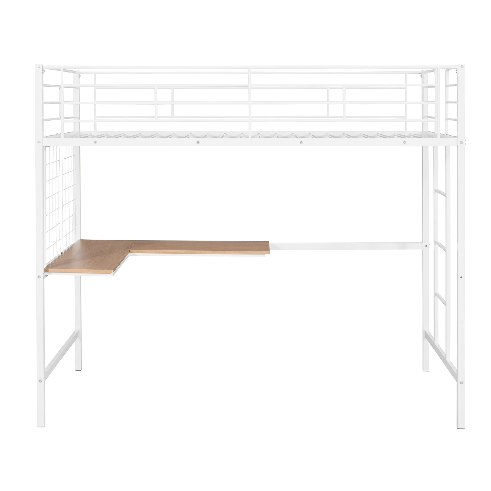 Harper & Bright Designs Twin Size Metal Loft Bed with L-Shape Desk - Space Saving Loft Bed Frame with Study Area for Kids & Teens - Sturdy Metal Grid Design - Perfect for Small Bedrooms & Dorm Rooms (White)