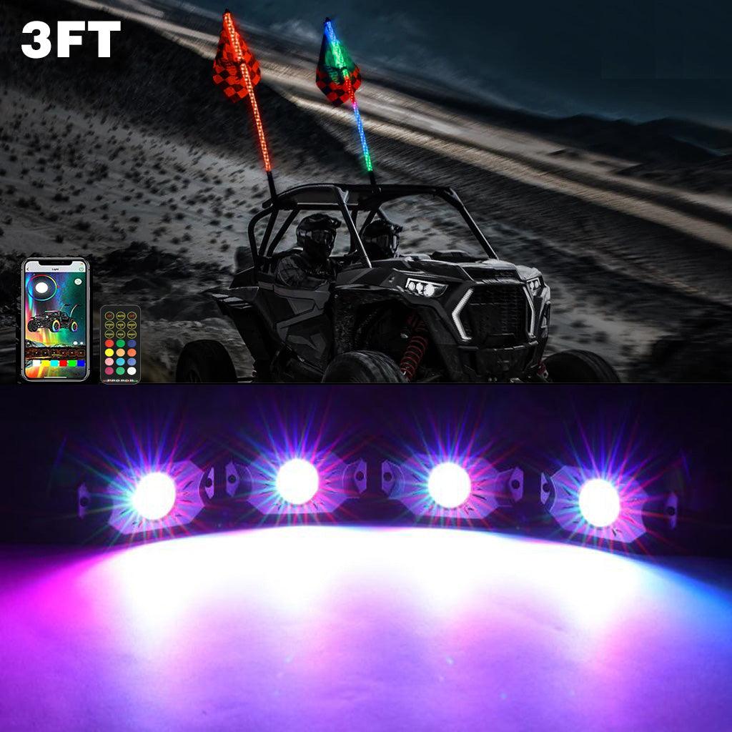2Pcs 3FT RGB LED Whip Lights with Turn Signal & Brake Light + RGB LED Rock Lights Set - Bluetooth Controlled, Waterproof Off-Road Lighting for Jeep, Truck, ATV, UTV, Motorcycle - Perfect for Night Riding, Car Shows & Off-Road Adventures
