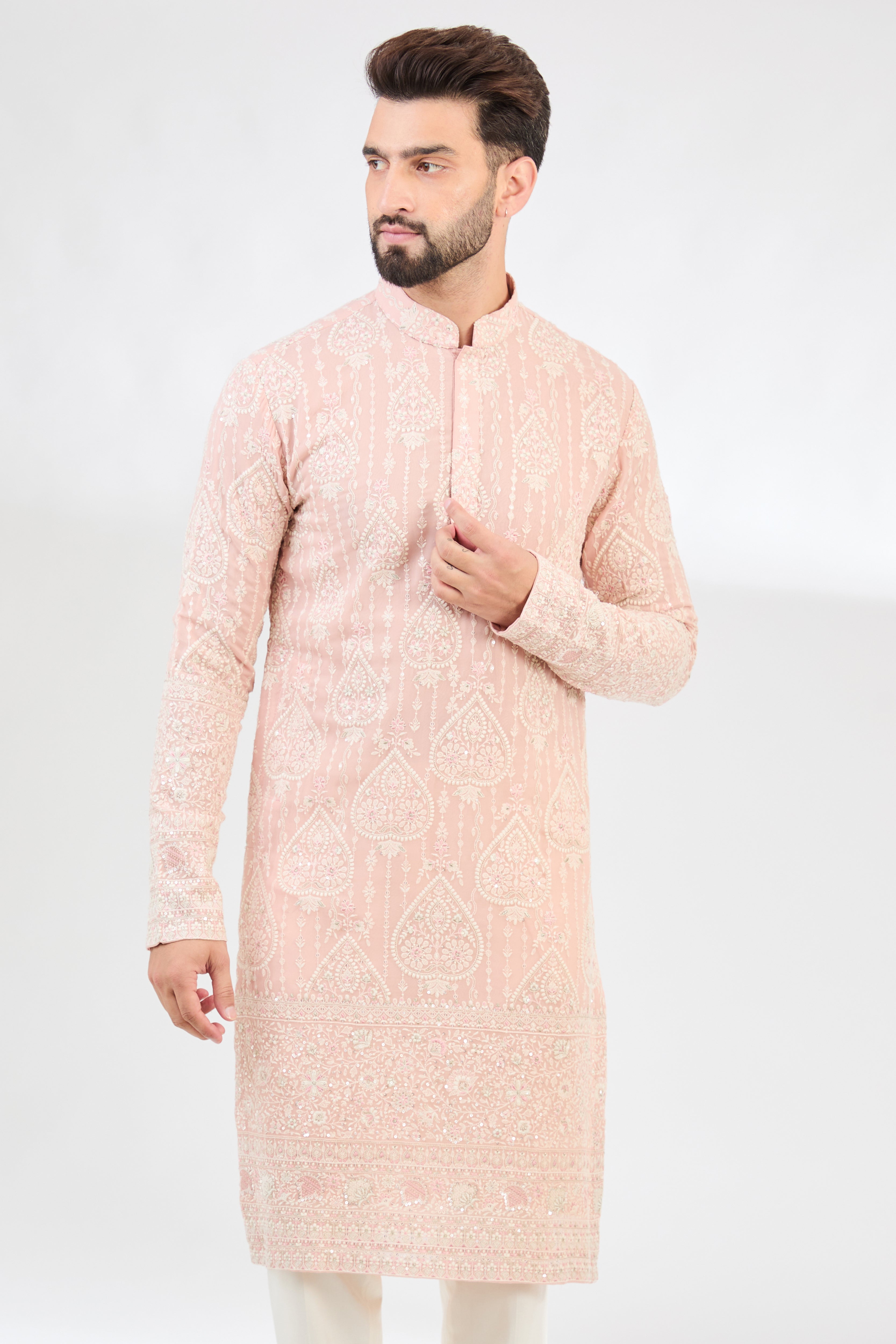 Elegant Pink Chikankari Kurta with Intricate Multi-Thread Embroidery - Perfect for Festivals, Weddings & Ethnic Fashion