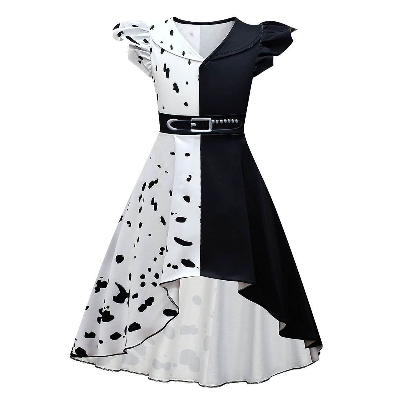 Cruella Deville Costume for Kids Girls - Black and White Spotted Dalmatian Dress Halloween Cosplay Outfit for Dress Up Party & Photo Shoot