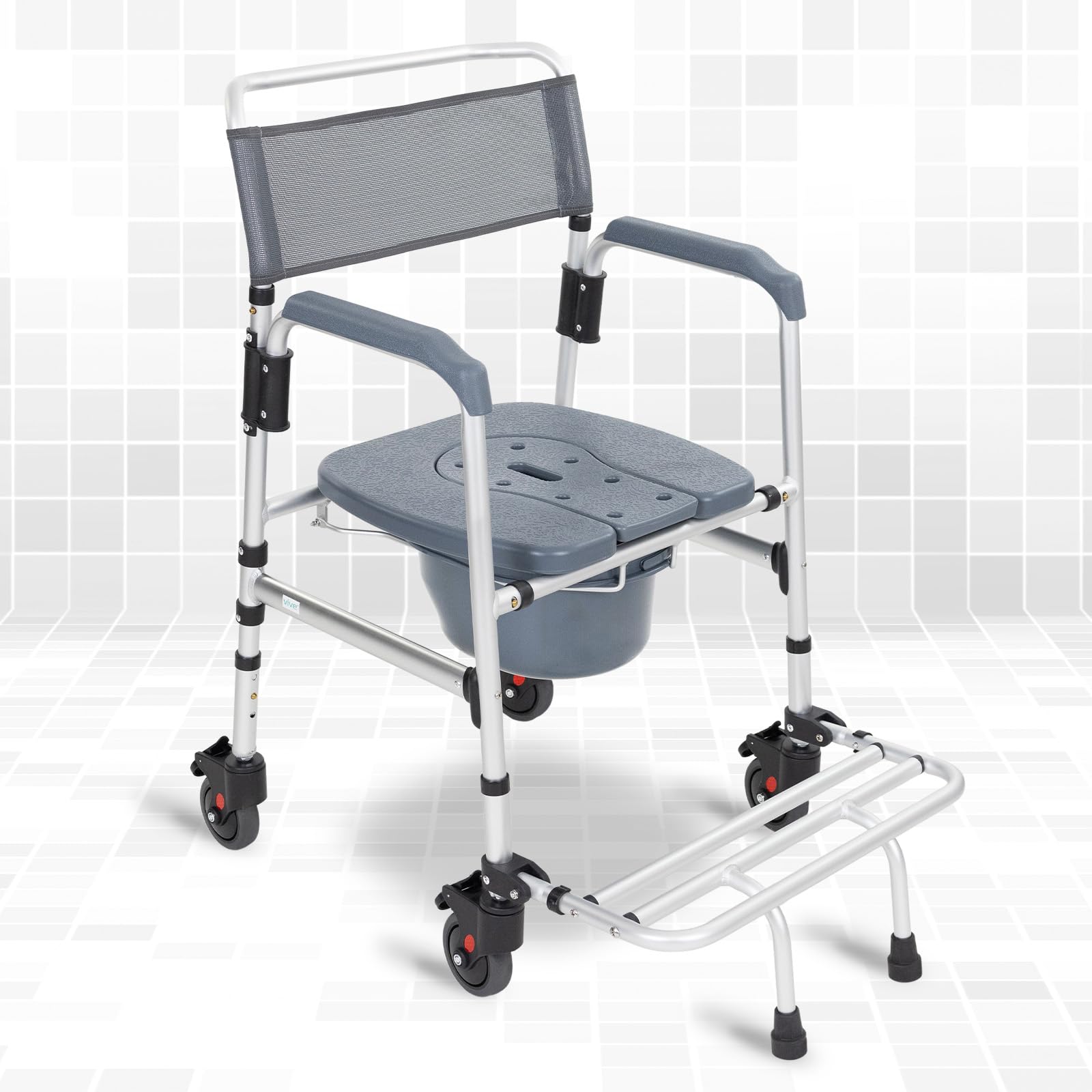 Vive Commode Shower Chair with Wheels - Adjustable Height Rolling Toilet Seat for Elderly, Disabled & Seniors - Bathroom Safety Transfer Chair with Arms, Non-Slip Footrest & Removable Bucket - Ideal for Home Care, Assisted Living & Mobility Assistance