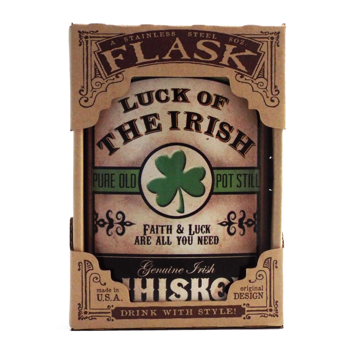 Luck of the Irish 8 Oz Stainless Steel Hip Flask for Whiskey, Vodka & Liquor - Leakproof & Odorless Design - Comes in Elegant Gift Box - Easy to Clean & Carry (3.75” X 5.75”) by Trixie & Milo - Perfect for Parties, Weddings, Camping & Gifts