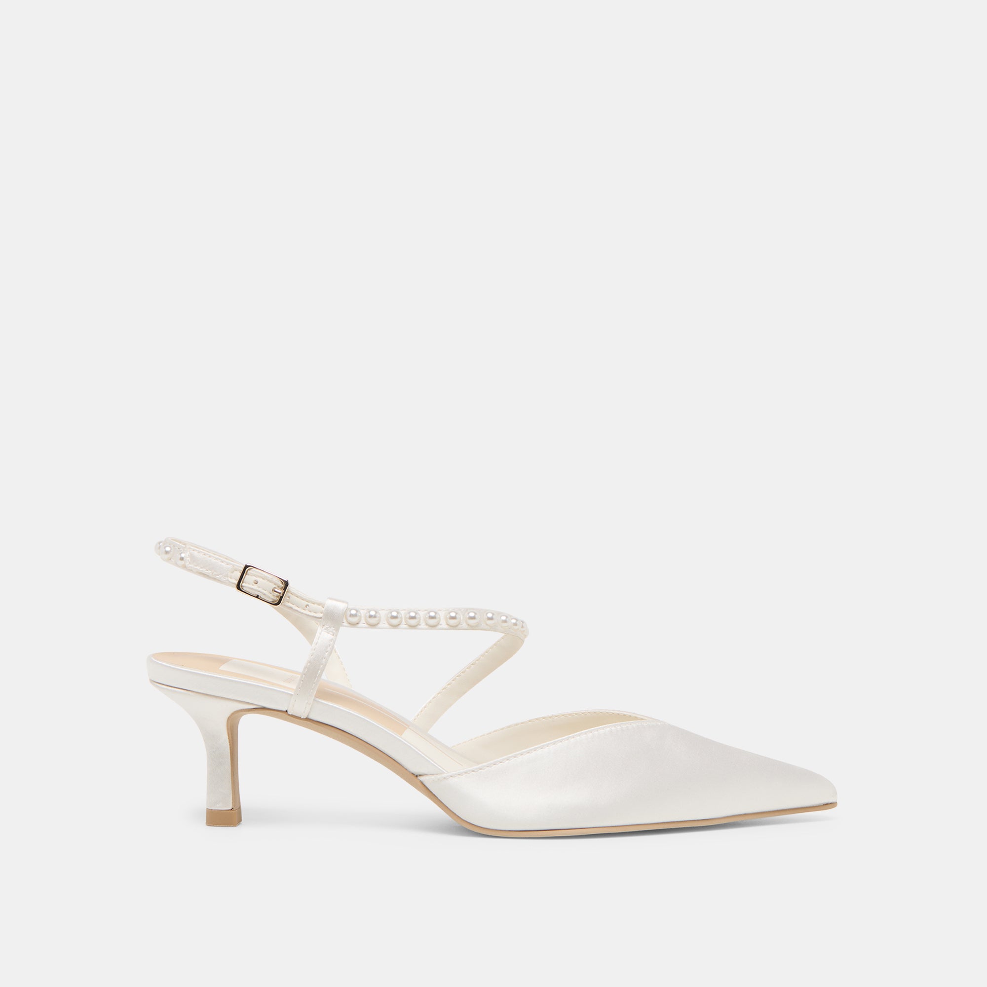 KAMRA Women's Pearl Embellished Mid Heel Pumps - True White Satin Shoes for Weddings, Parties & Special Occasions