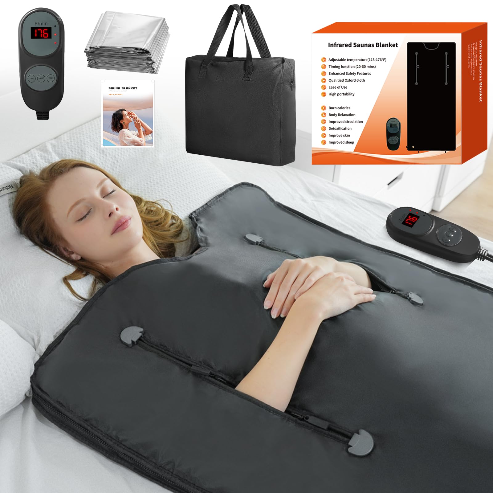 Portable Far Infrared Sauna Blanket for Detox & Relaxation - Home Use with Adjustable Temperature (113-176℉) & Timer (20-60 Min) - 6ft x 2.65ft - Perfect for Stress Relief, Weight Loss & Muscle Recovery