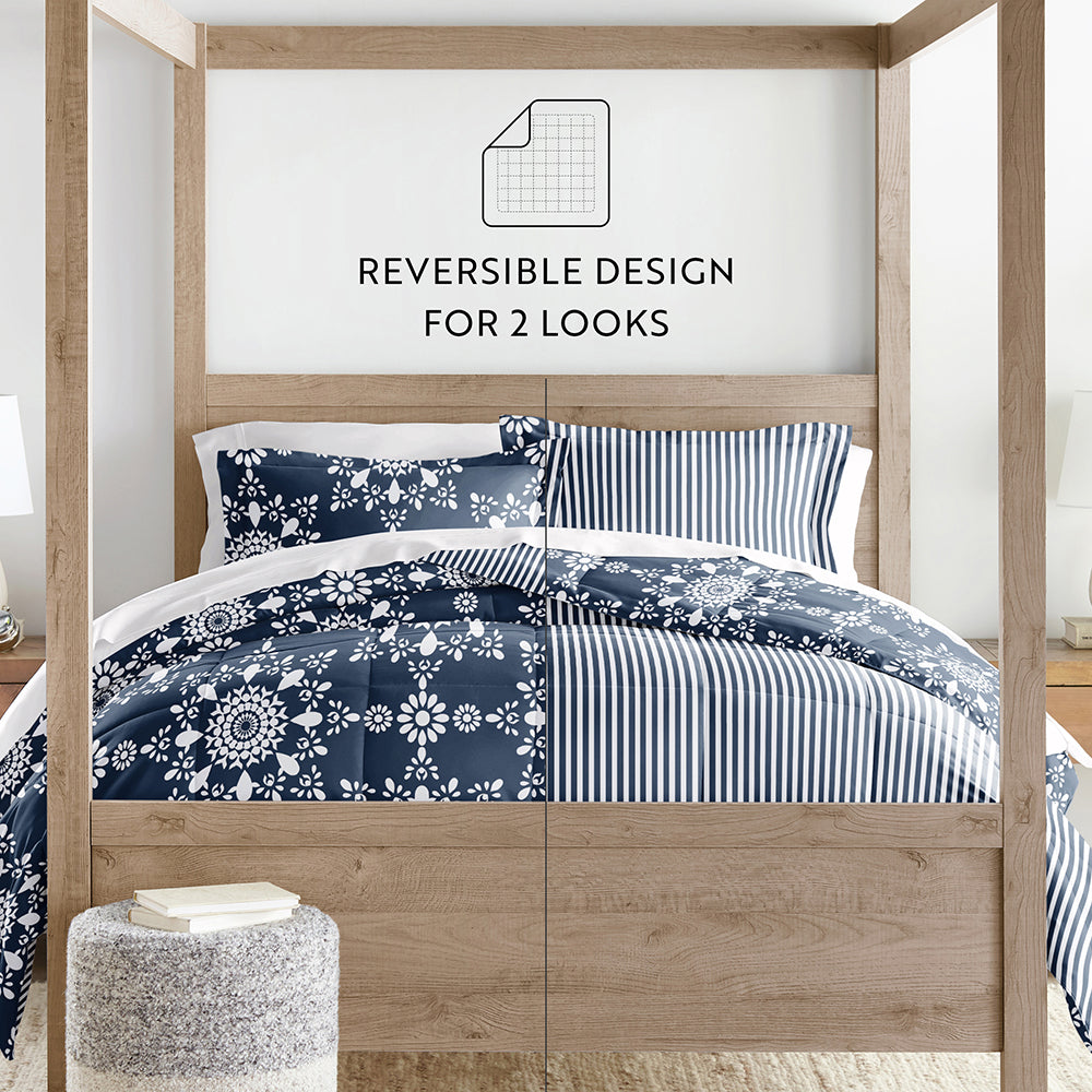 Daisy Medallion Reversible Down Alternative Comforter Set - All-Season Hypoallergenic Bedding for Queen Size Bed | Perfect for Cozy Home Decor & Guest Room Essentials