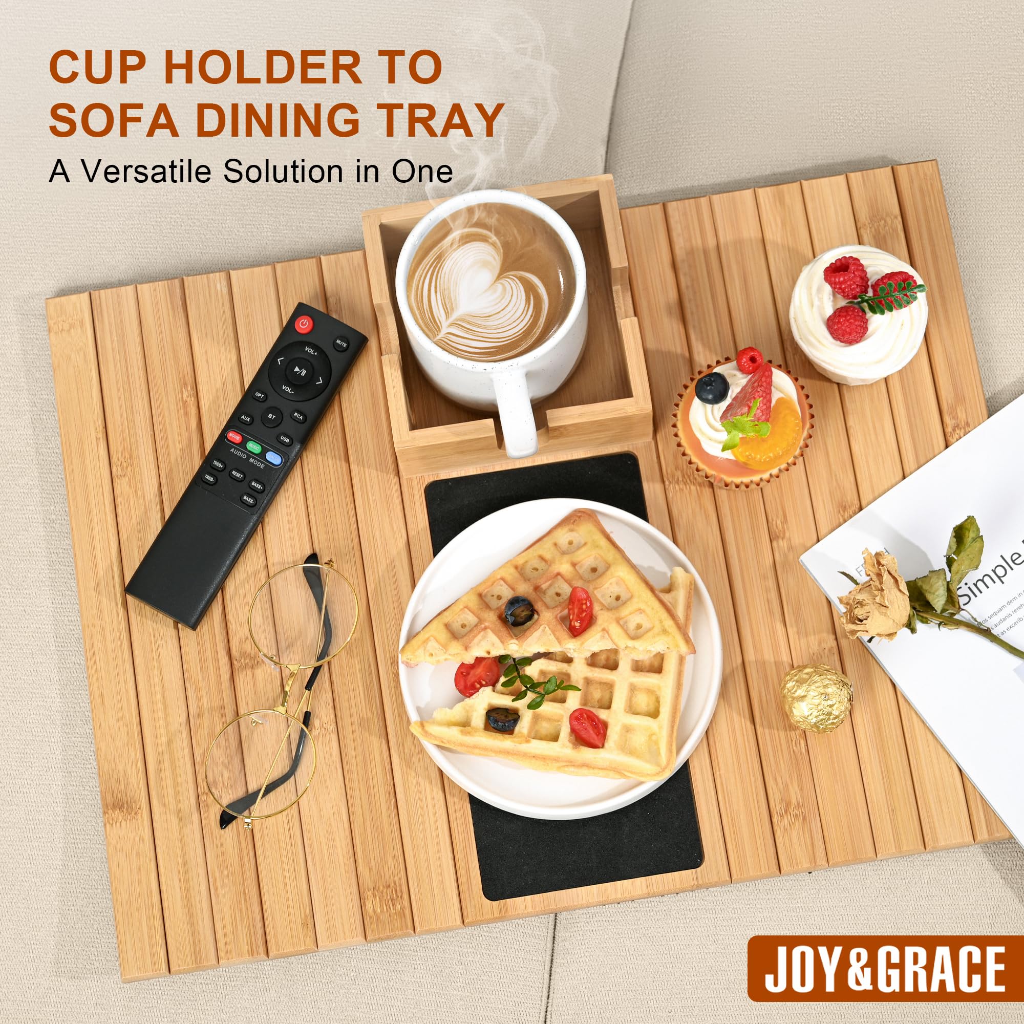 Joy&Grace Bamboo Sofa Armrest Tray with Large Mug Holder - Foldable Anti-Slip Couch Cup Holder & Arm Table for Eating, Drinking, Holding Phone - Perfect for Living Room, Bedroom, Office (Natural Color)