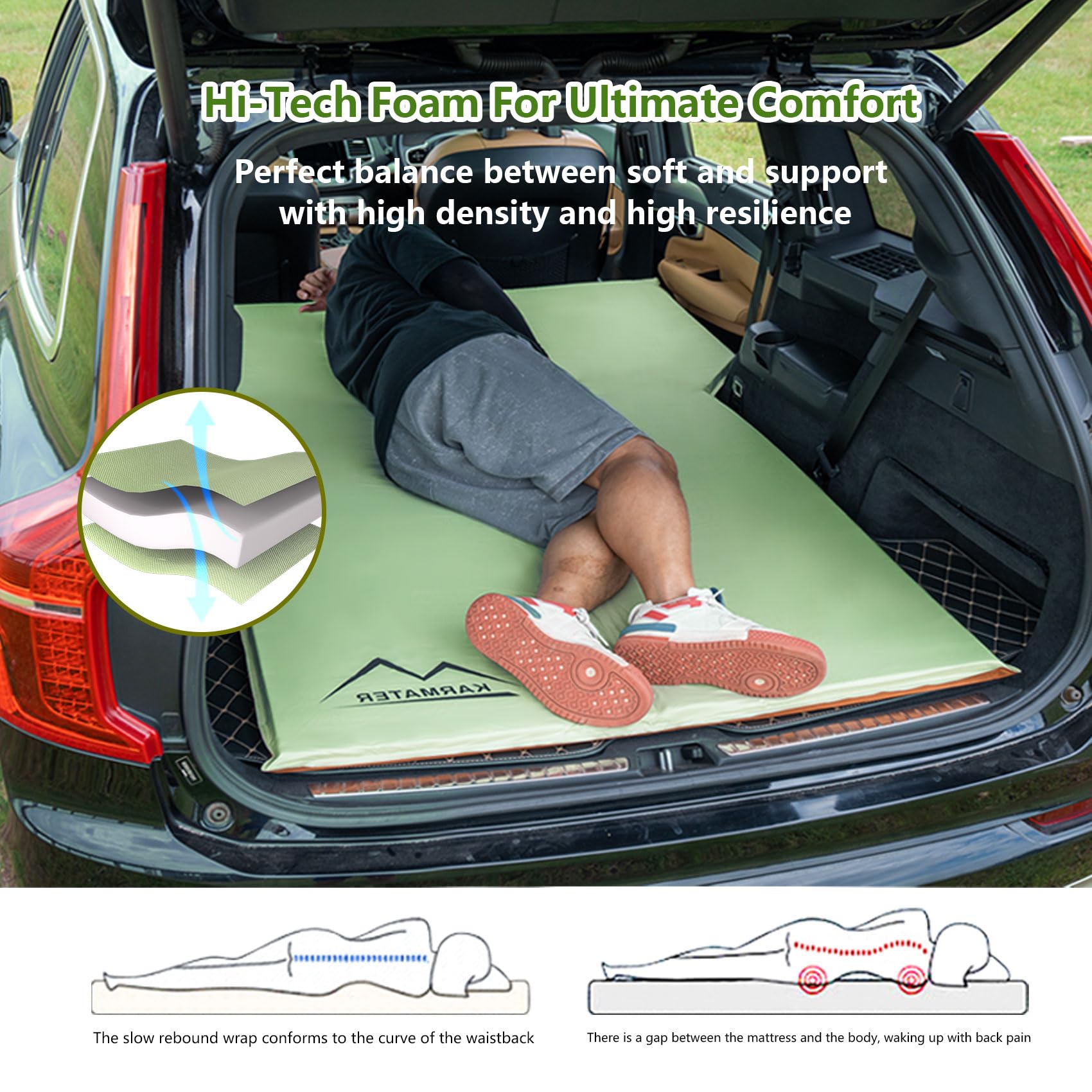 Durable Memory Foam Self-Inflating SUV Air Mattress for Car Camping - 2 Person Comfortable Sleeping Pad with Storage Bag - Perfect for Road Trips, Outdoor Adventures & Backseat Camping