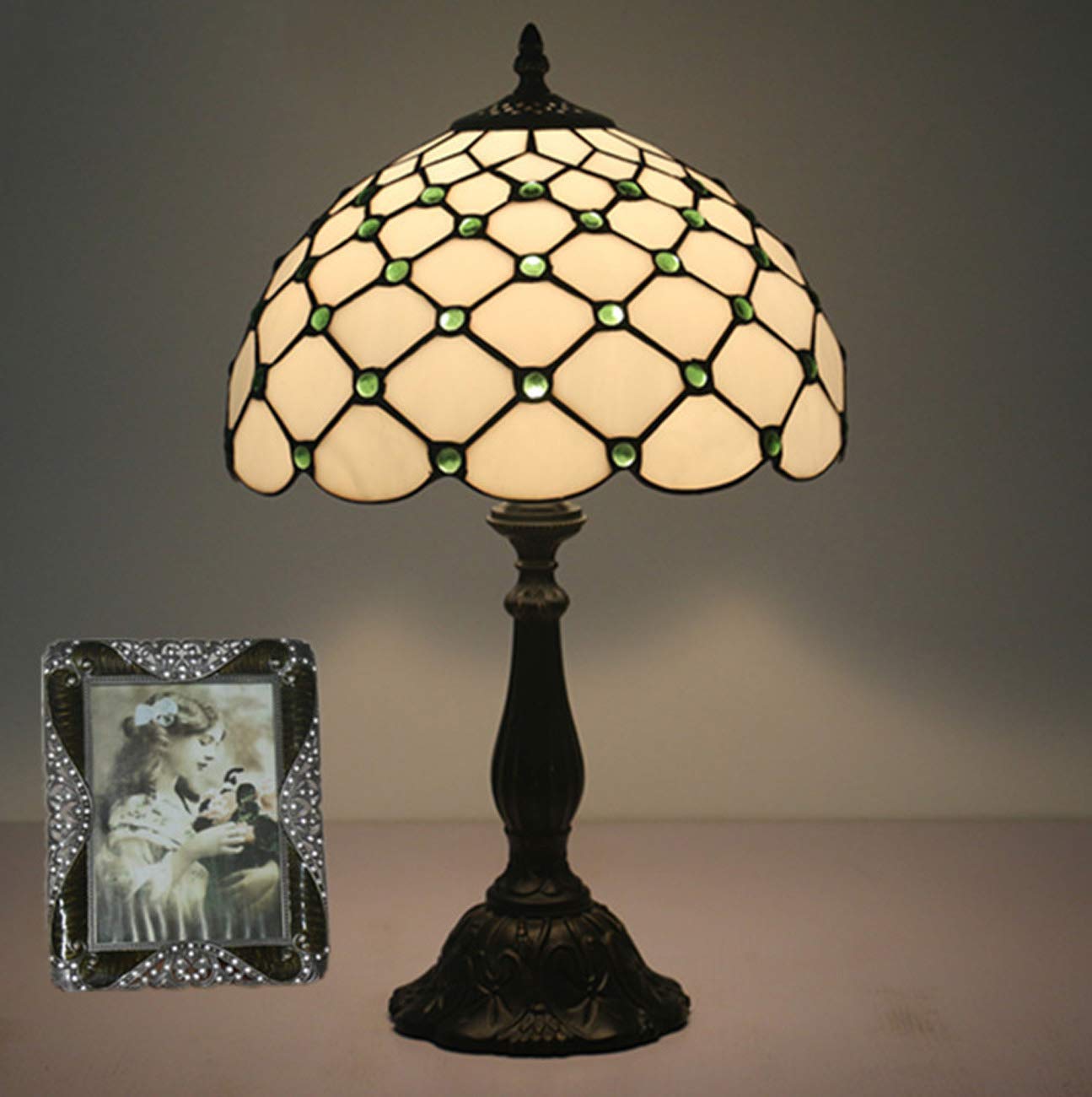 Tiffany Style Stained Glass Table Lamp - 12 Inch Bedside Desk Lamp with Simple Lampshade for Study Room & Night Lighting (Bulbs Not Included), Green Finish with Alloy Base - Perfect for Bedroom, Office, and Reading Nook Ambiance