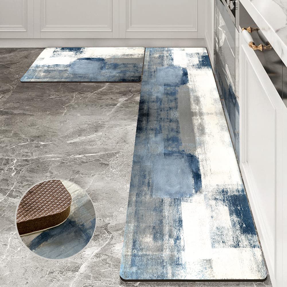 AILUER Anti-Fatigue Kitchen Rugs Set of 2 - Soft Cushioned White and Grey Abstract Modern Design Non-Slip Floor Mats for Kitchen, Laundry & Entryway - Perfect for Cooking, Cleaning and High-Traffic Areas