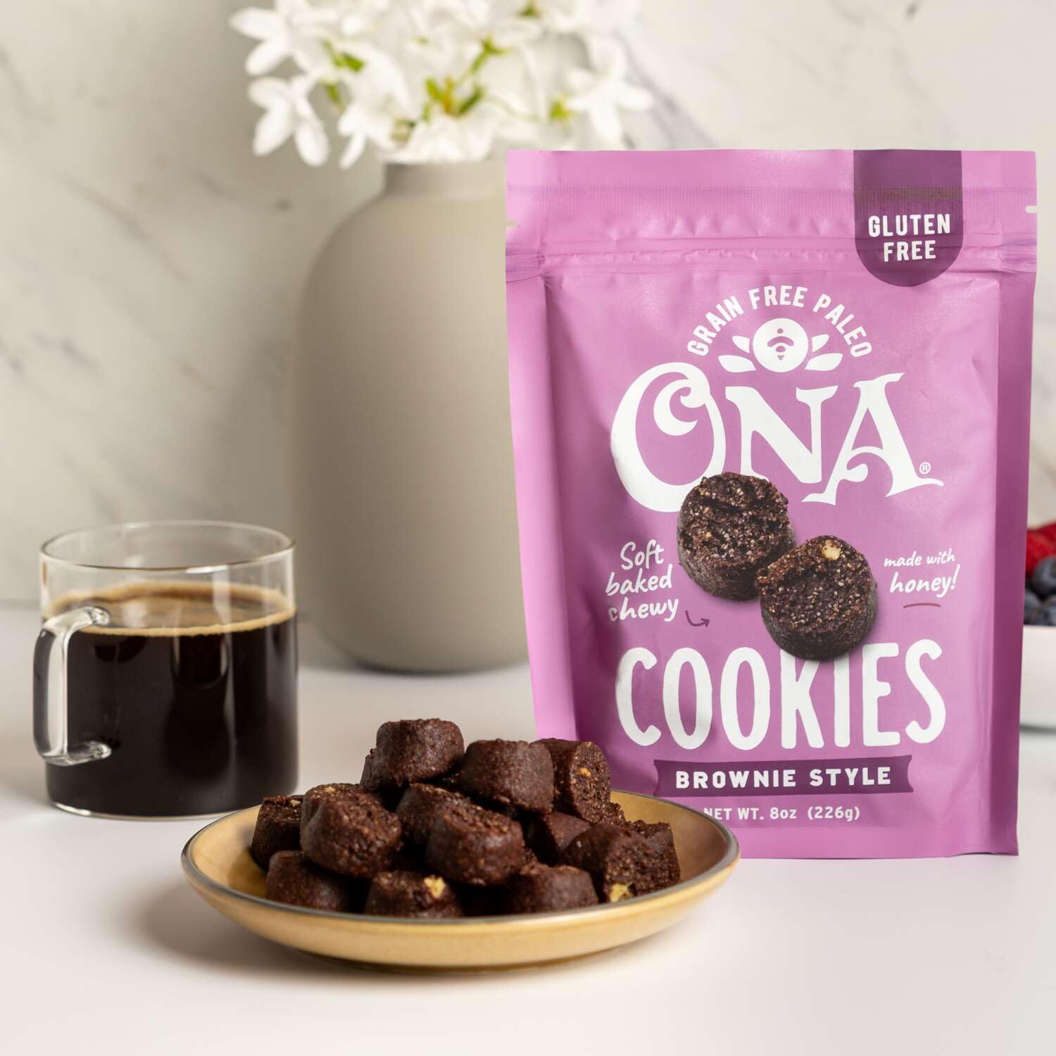 Ona Brownie-Style Cookies 4-Pack - Gluten Free, Grain Free, Dairy Free, Paleo Friendly Snacks with Honey & Dark Chocolate | Ready to Eat Healthy Treats for Office, Travel & Keto Diet