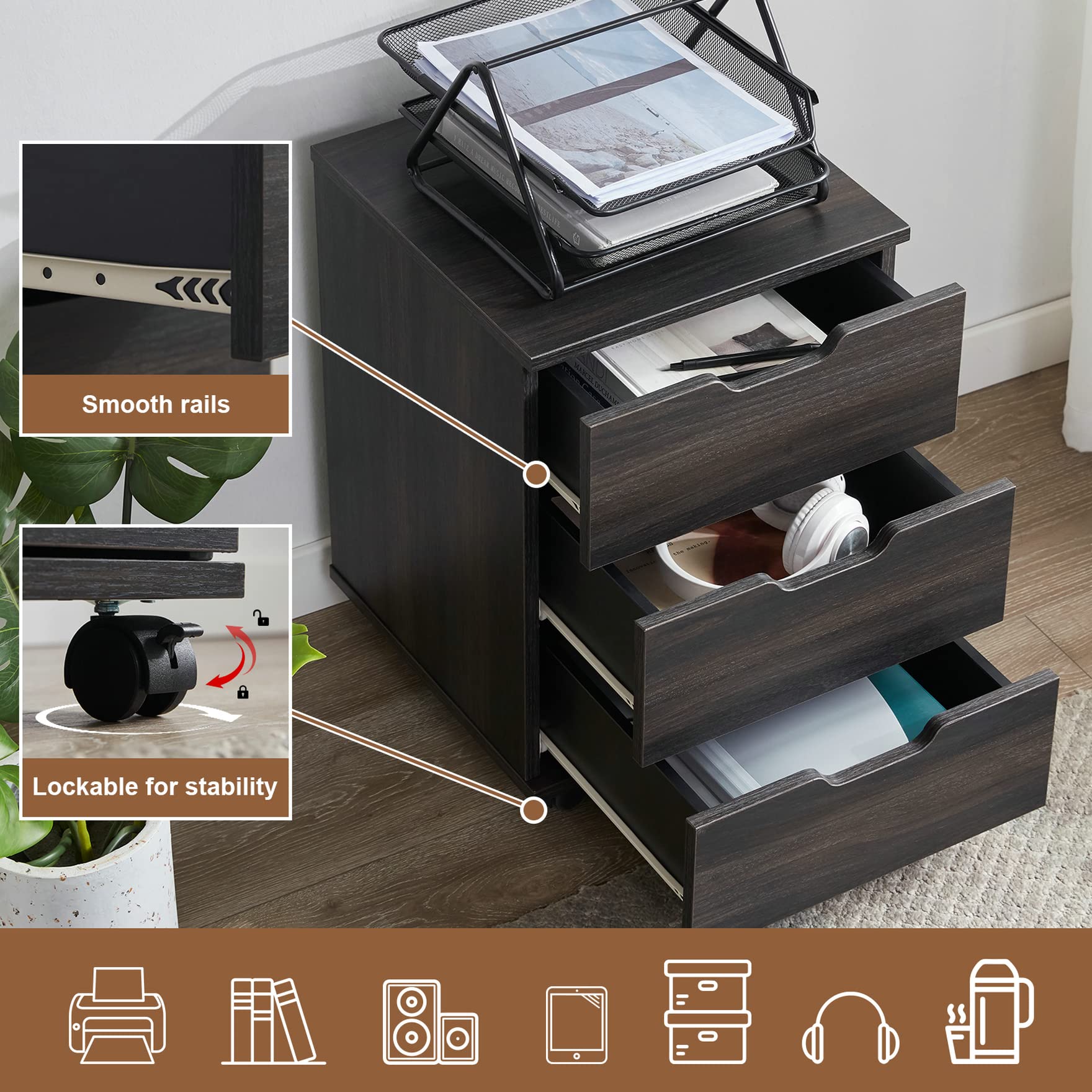 Soohow 3-Drawer Rolling File Cabinet with Wheels - Wooden Storage Organizer for Home Office, Under Desk, Makeup & Dresser - Compact File Cabinet with Smooth-Glide Drawers for Documents, Stationery & Beauty Products