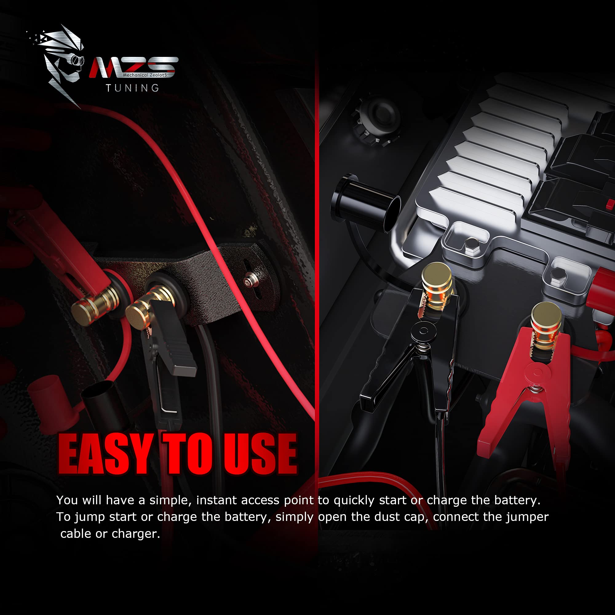 MZS Remote Battery Terminals Jumper Charger Posts - Heavy Duty Car Truck ATV UTV Boat Battery Charging Clamps (2 Pack, Black & Red) - Perfect for Emergency Jump Starts & Battery Maintenance