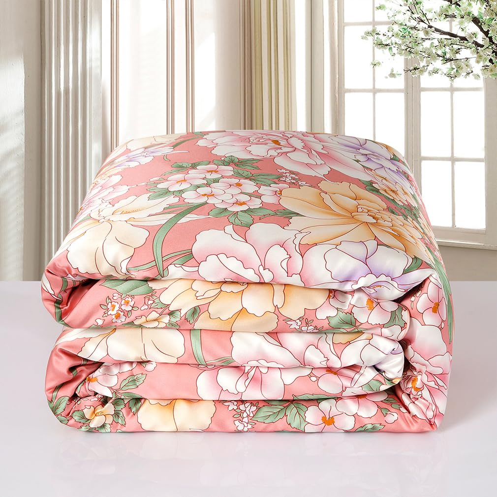 Maxfeel 100% Mulberry Silk Duvet Cover Set - Queen/King Size Floral Print Charmuse Silk Bedding | Luxury Soft Comforter Cover for Master Bedroom & Guest Room Decor