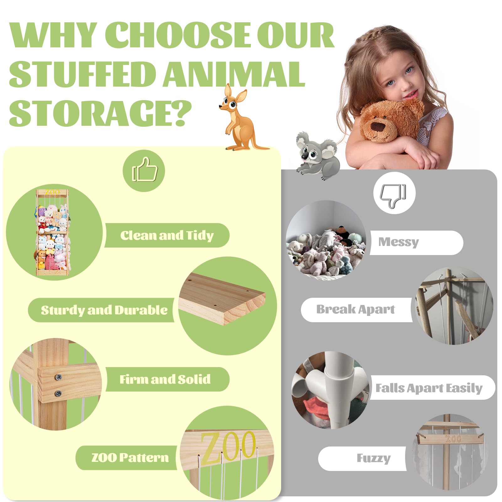 Trycooling Wooden Stuffed Animal Storage Cage with Zoo Pattern Elastic Band - Organizer for Plush Toys in Nursery, Playroom, Bedroom | Durable Zoo-Themed Toy Storage Solution for Kids' Rooms & Daycare Centers