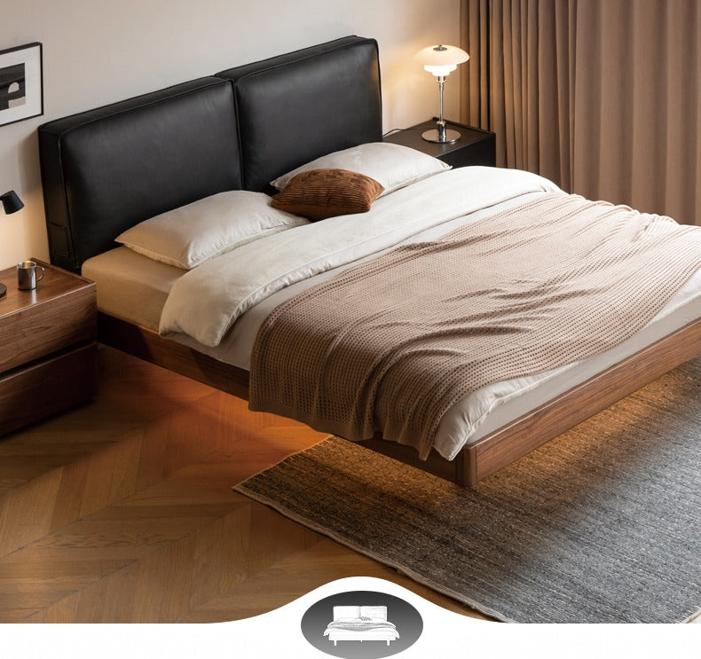 Solid Black Walnut Wood Leather Upholstered Suspended Bed with LED Lighting - Perfect for Modern Bedroom, Guest Room, and Luxury Home Decor