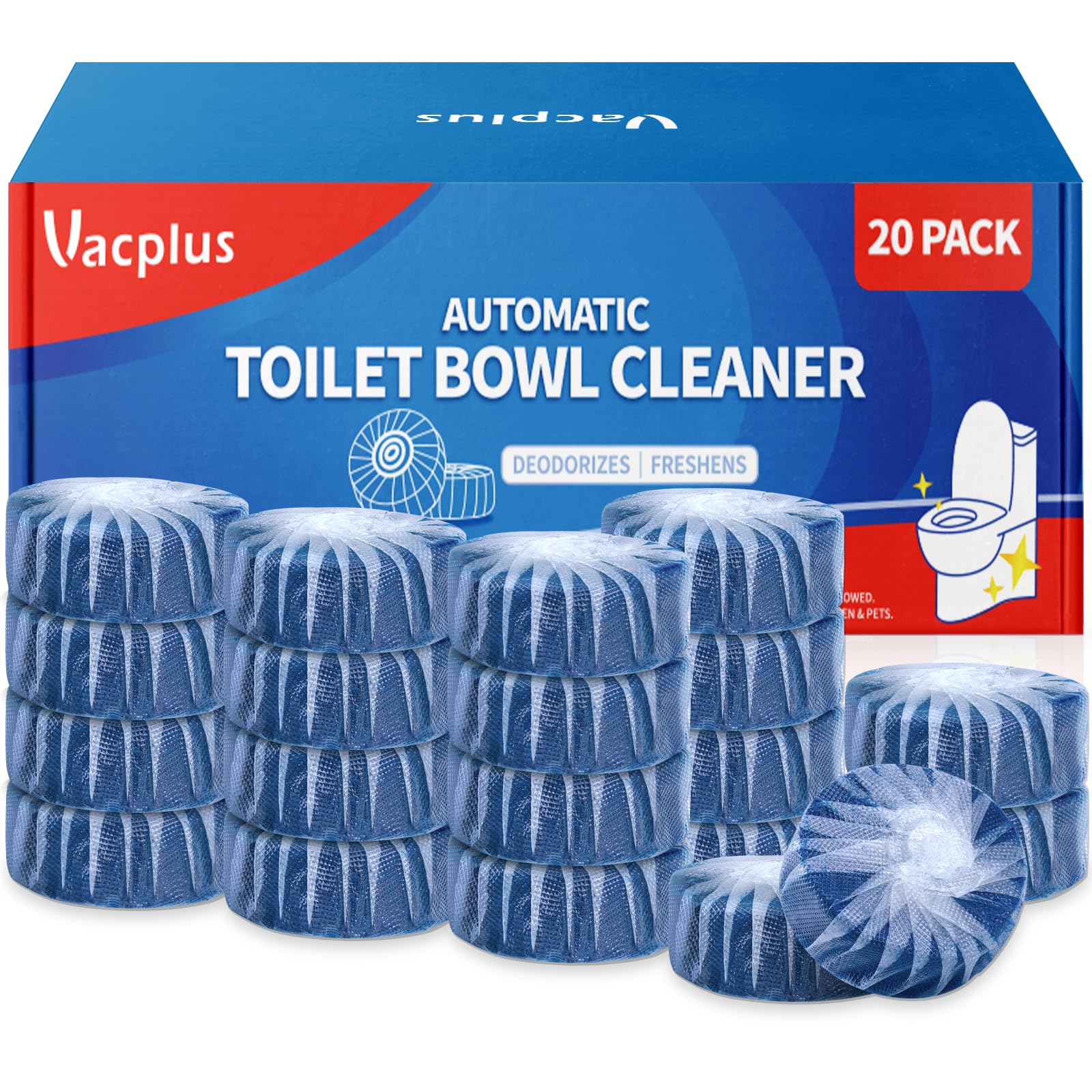 Vacplus Toilet Bowl Cleaner Tablets - 20 Pack, Long-Lasting Toilet Cleaner for Stains Prevention, Blue Cleaning Tablets for Bathroom & Toilet Maintenance - Perfect for Home, Hotel, and Office Use