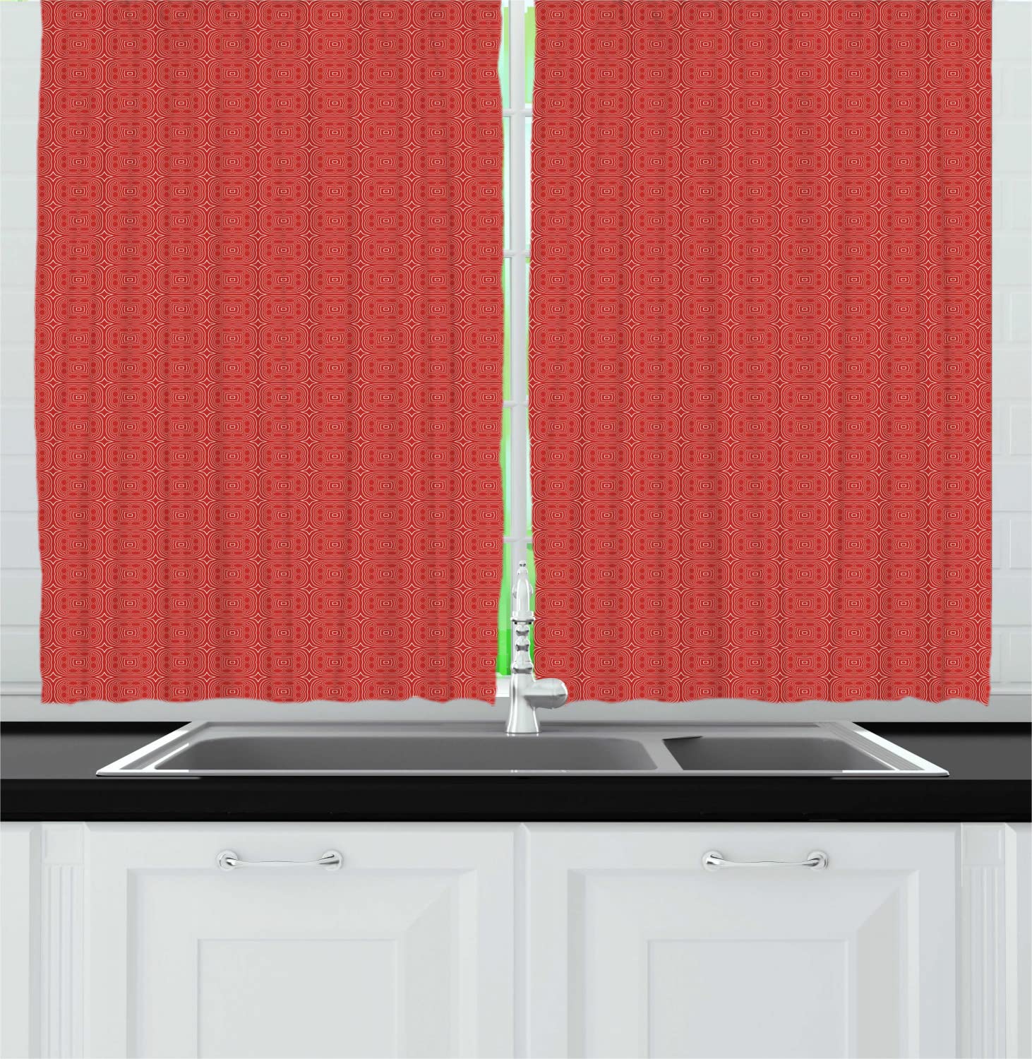 Ambesonne Ethnic Long Kitchen Curtains - Moroccan Mosaic Star Pattern in Vermilion & White | 55