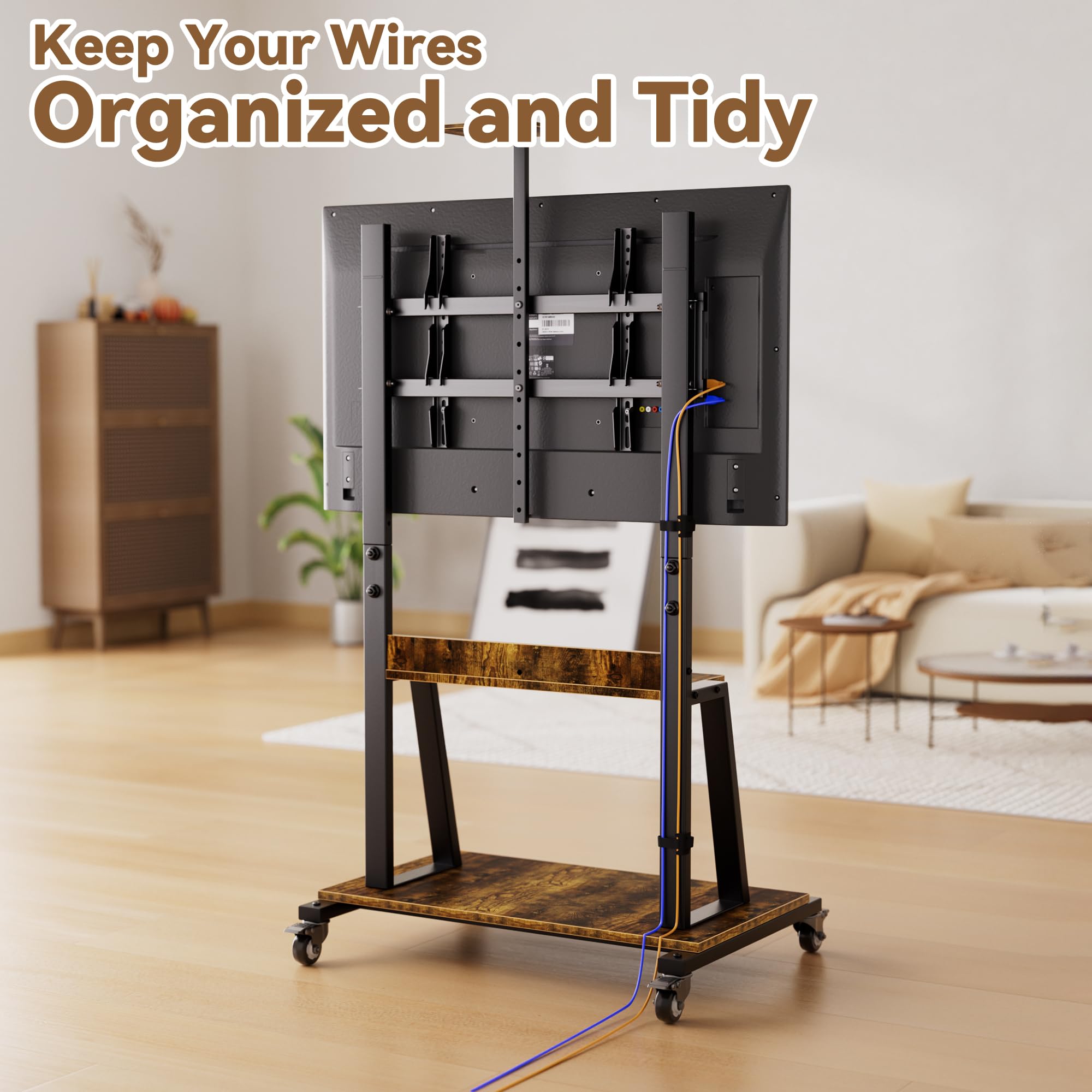 Rolling TV Cart with Lockable Wheels for 32-75 Inch TVs - Portable TV Stand with 2-Tier Storage Shelves - Heavy Duty Entertainment Center on Wheels Holds 150 lbs - Retro Style for Living Room & Bedroom - Perfect for Small Spaces & Home Theater Setup
