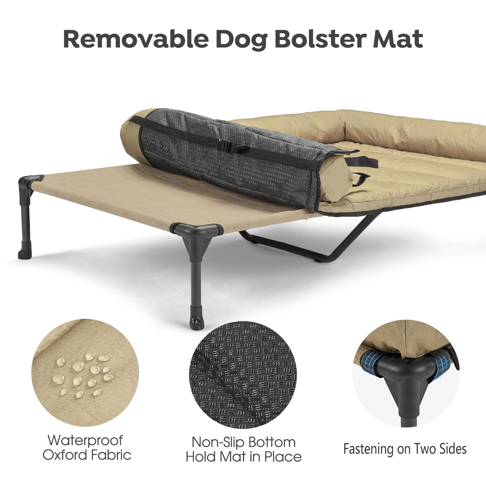 Veehoo Cooling Elevated Dog Bed with Removable Waterproof Bolster Cushion - Breathable Mesh Pet Cot with Non-Slip Feet for Indoor & Outdoor Use - 59x37.5 Inch Beige Dog Couch (CWC2331B) - Perfect for Hot Weather, Patio Lounging & Kennel Comfort