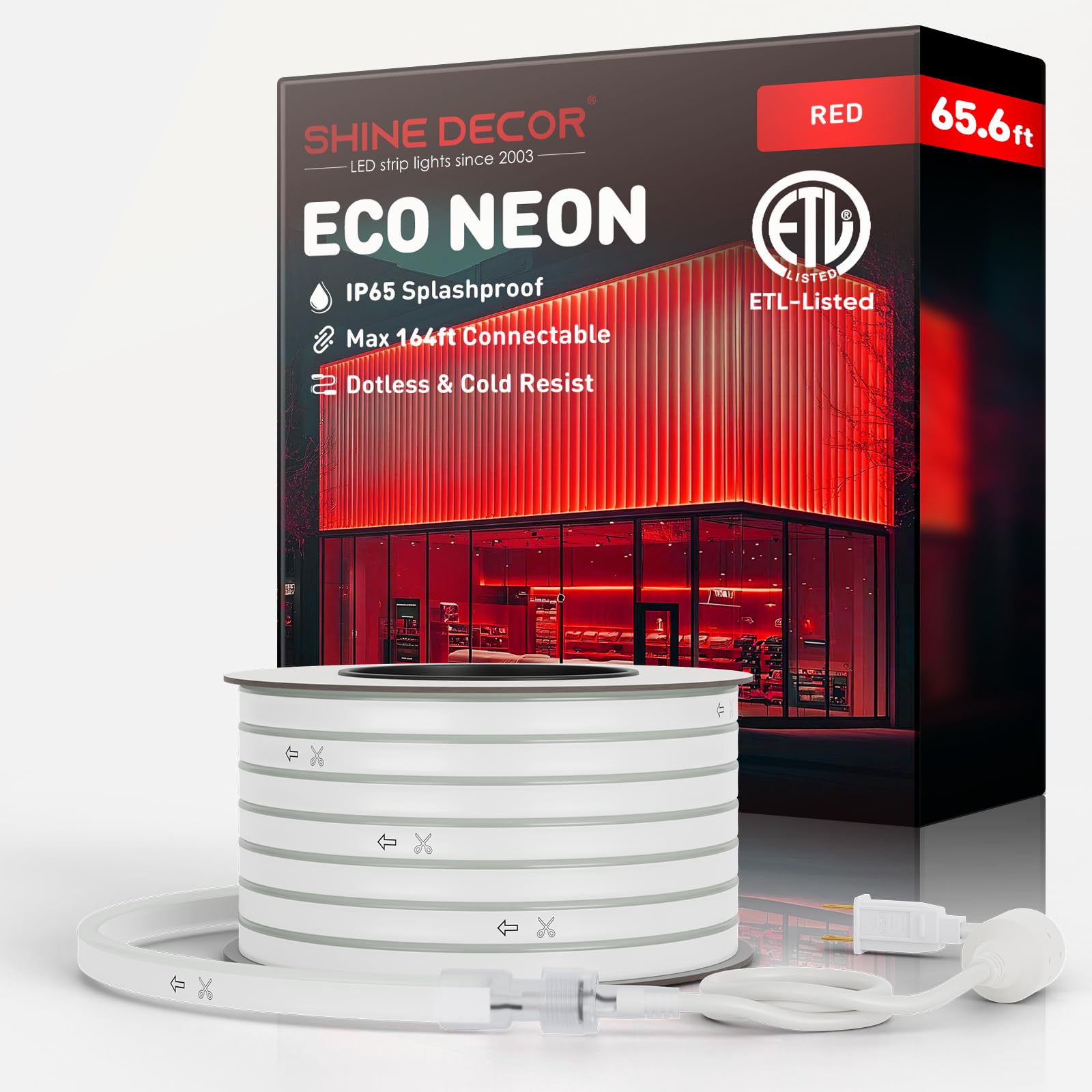 Shine Decor LED Rope Lights AC 120V - Connectable & Cuttable Dotless 120LEDs/M Eco Neon Strip Lighting - ETL Certified IP65 Waterproof & Weather-Resistant - 8x16mm Red 65.6FT - Perfect for Indoor/Outdoor Home Decor, Commercial Signage, Parties & Landscape Lighting