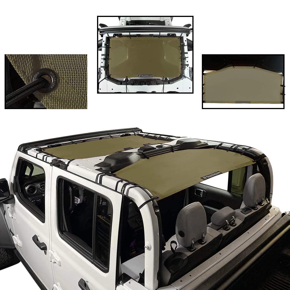 Shadeidea JT Sun Shade Top for Jeep Gladiator (2018-2023) - Mesh Roof Cover with UV Protection & Wind Noise Reduction - Includes GrabBag Pouch & 10-Year Warranty - Tank Green (Front+Rear 2-Piece Set) - Perfect for Off-Roading, Camping, and Summer Driving