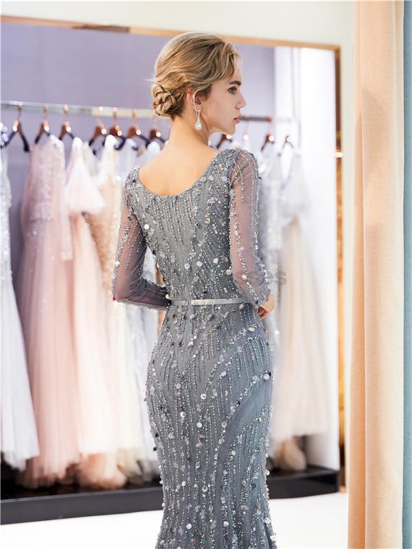 Elegant Long Sleeve Grey Rhinestone Beaded Mermaid Prom Dress for Evening Party & Formal Events - Perfect for Homecoming, Wedding Guest, and Special Occasions