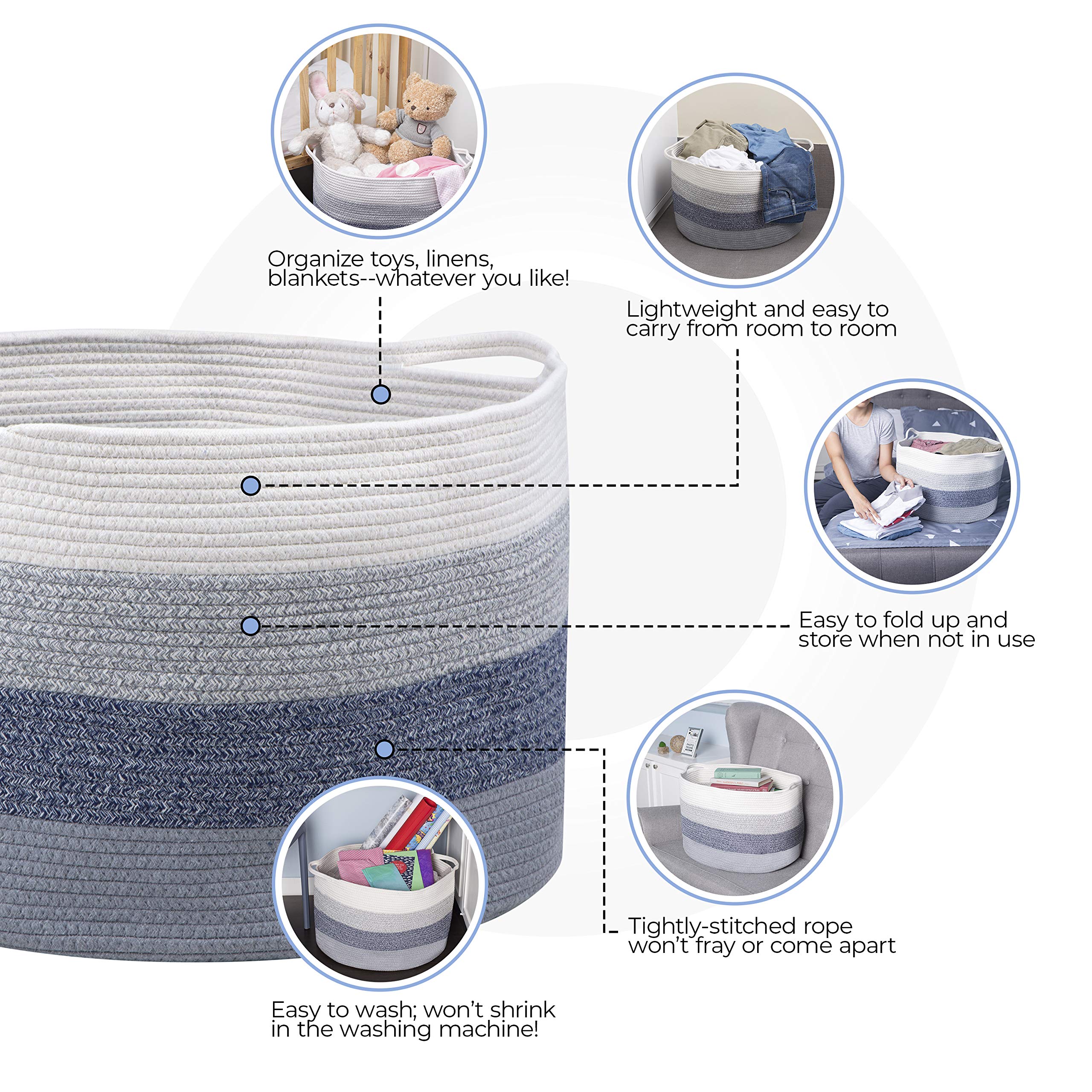 Large Cotton Rope Storage Basket with Handles - Decorative Woven Organizer Bin for Baby Nursery, Dog Toys, Laundry & Home Organization | Perfect for Blankets, Stuffed Animals & Clutter-Free Spaces