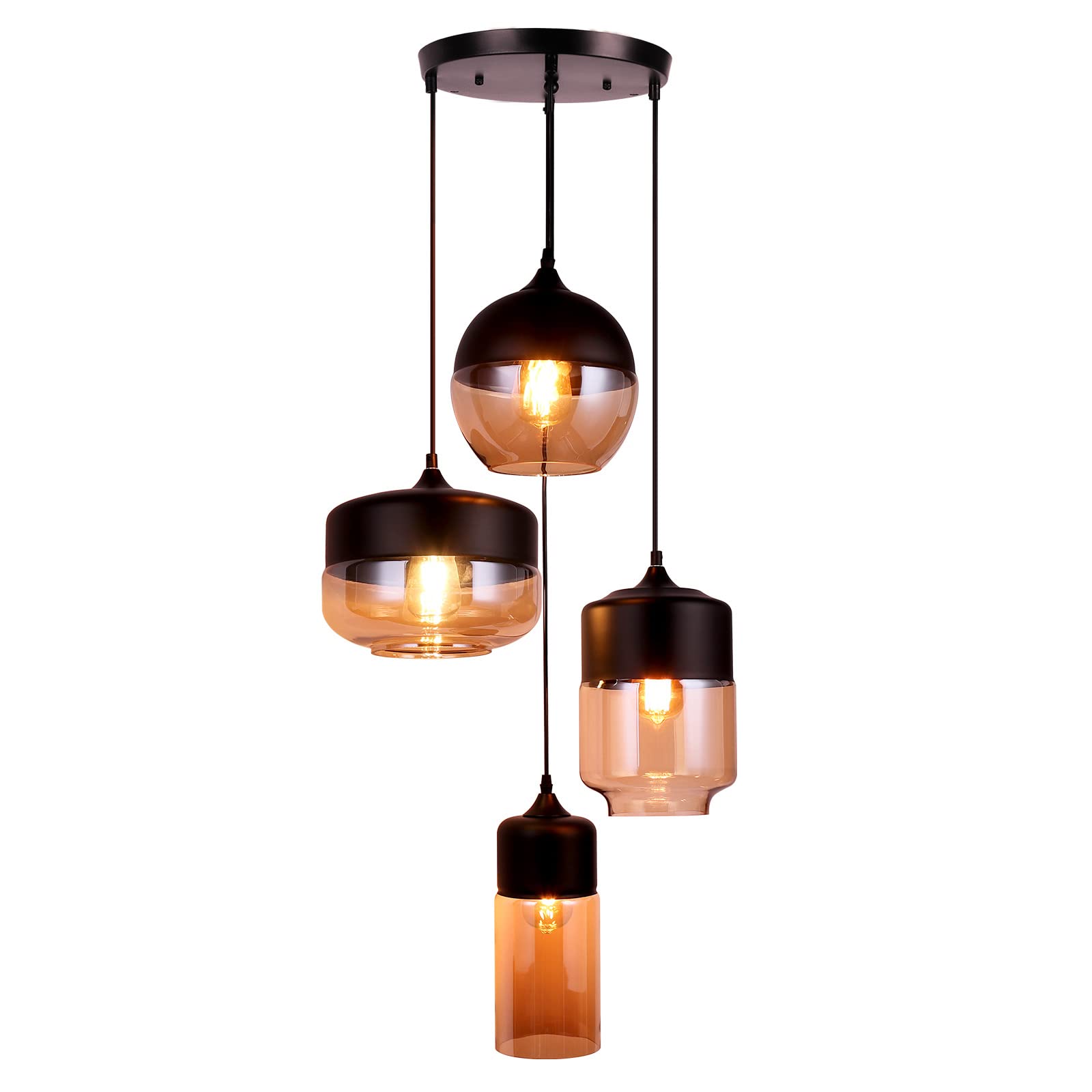 JEUNEU Industrial Glass Pendant Light Fixture - Vintage Adjustable 4-Light Hanging Lamp for Kitchen Island, Dining Room, Living Room - Perfect for Modern Farmhouse & Loft Style Decor