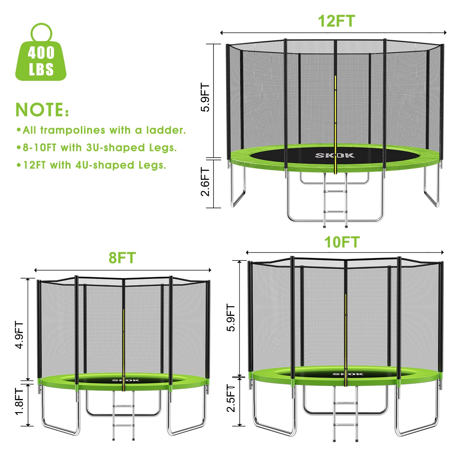SKOK 8FT 10FT 12FT 14FT 15FT Outdoor Trampoline with Safety Enclosure Net - 400LBS Weight Capacity, ASTM Approved for Kids & Adults - Includes Basketball Hoop & Ladder - Perfect for Backyard Fun, Exercise & Family Bonding