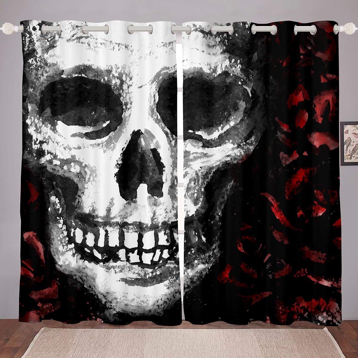 Erosebridal Halloween Window Curtains - Gothic Skull Print Blackout Drapes for Kids, Teens & Dorm Decor (84x84 Inch, Red/Black) | Spooky Thermal Insulated Curtains for Bedroom, Living Room & Halloween Party Decorations
