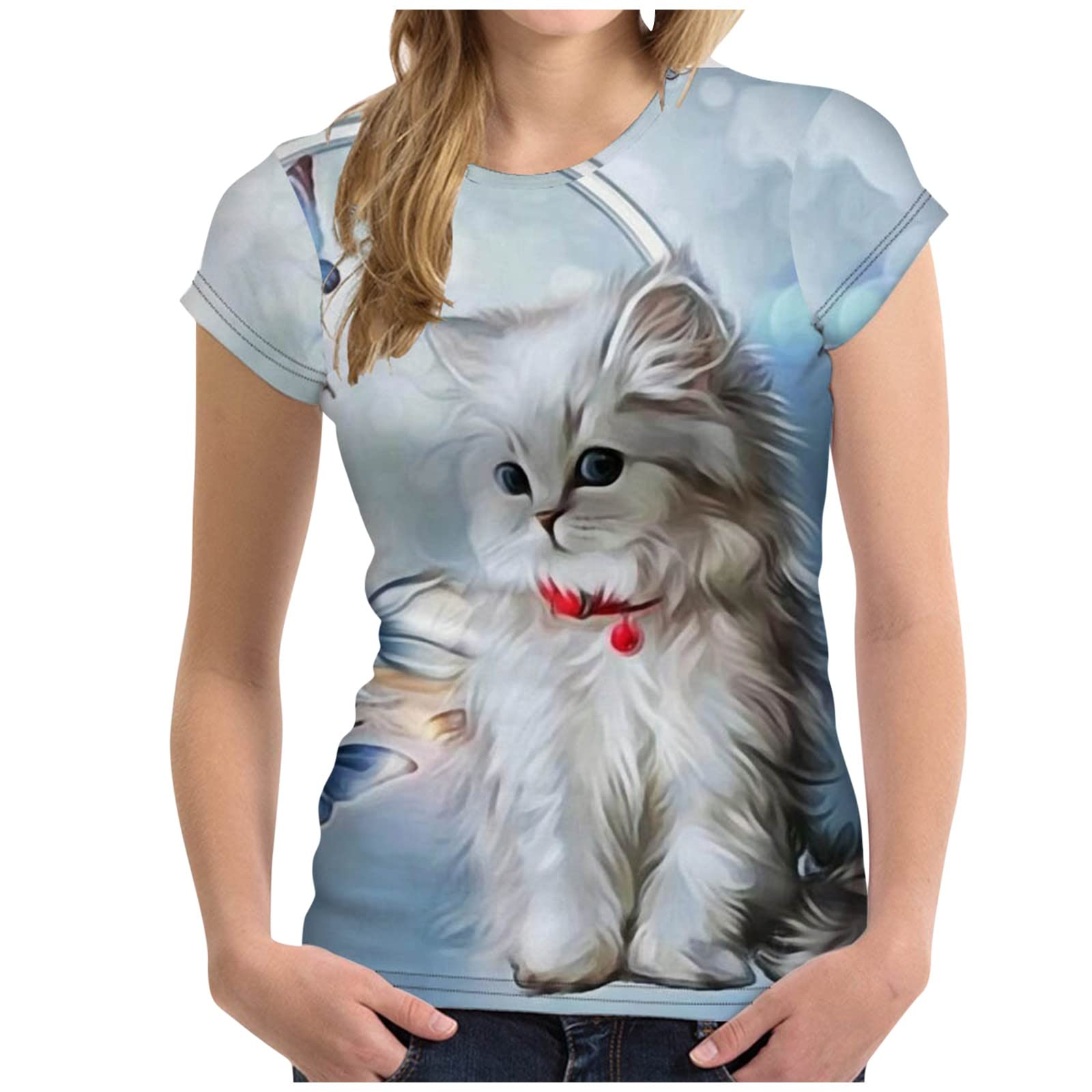 Eaktool Women's Casual Short Sleeve Round Neck Cat Print Blouse - Cute Pet Lover T-Shirt for Women, White - Perfect for Casual Outings, Date Nights & Cat-Themed Parties